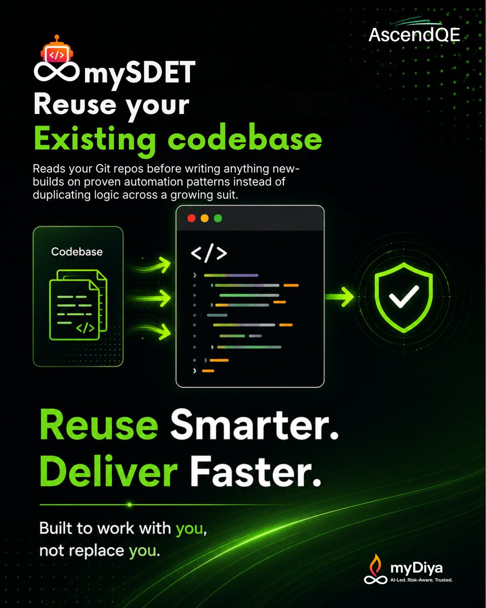 AscendQE's tweet photo. Stop rebuilding automation from scratch. 🚀 mySDET + myGenie reads your Git repo, reuses proven patterns, avoids duplicate scripts, and accelerates testing. Reuse smarter. Automate faster. 
#mySDET #myGenie #AscendQE https://t.co/MVF3hEG0dm