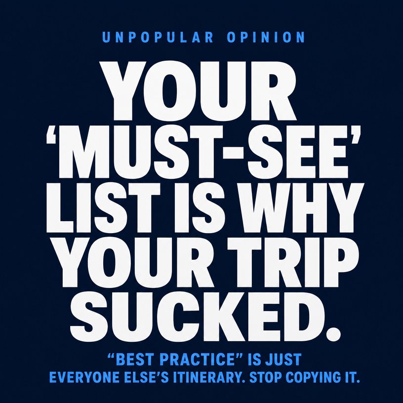 roamerzio's tweet photo. ❗️Stop Copying Everyone Else’s Itinerary❗️

Do you agree?

#MustSeeTrap #BestPracticeIsBullshit #TravelTruthBomb #StopFollowingTheCrowds #TravelUnpopularOpinion #DoYourOwnThing #TouristTrapAlert
