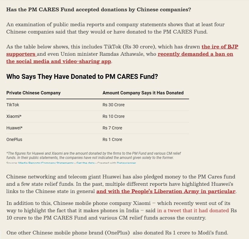 INCKerala's tweet photo. Several Chinese companies including TikTok, Huawei, Xiaomi donates crores of rupees to PM CARES fund.

Why are Chinese companies, particularly close the Chinese communist party paying @narendramodi, to his private fund?

Is this the reason why he was silent China occupied 4067 km2 in Ladakh? Is this the reason why he is silent on the land grab happening in Arunachal Pradesh?
