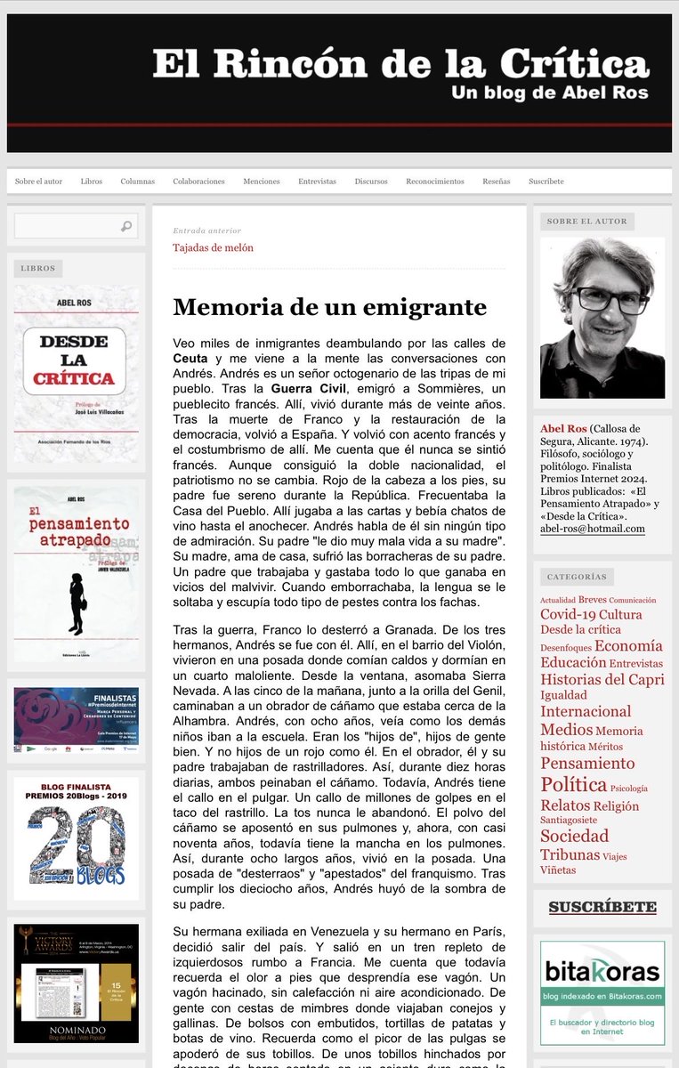 Abel_Ros's tweet photo. 🔴 Acabo de publicar en @RCritica “Memoria de un emigrante”. Os dejo el enlace al artículo completo en el primer comentario. Os leo. https://t.co/JvtkAKk5YI