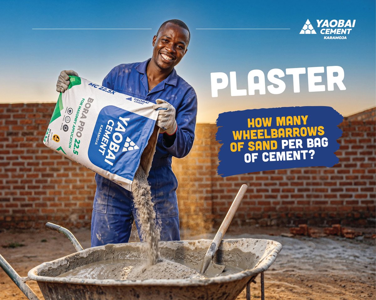 yaobaicementug's tweet photo. Going to plaster that wall? What’s the correct mix ratio of cement and sand for plaster? 4 wheelbarrows? Tell us why in the comment section.

#YaobaiCement https://t.co/HBIrSFo2Sf