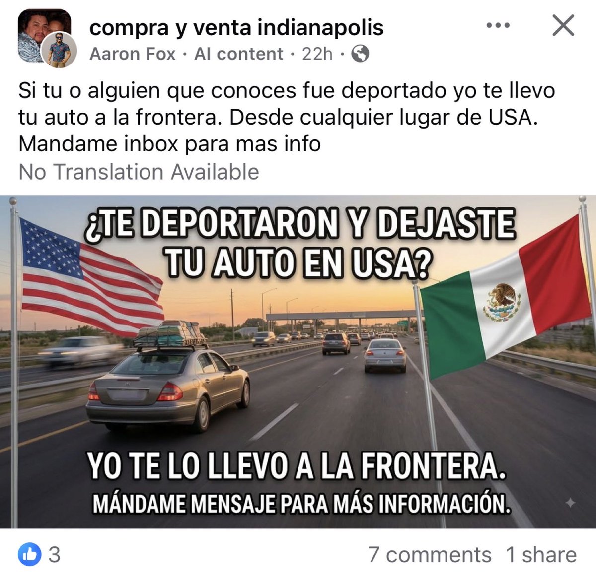Steve_Stuck's tweet photo. Hispanic Facebook in Indianapolis is wild. ICE is deporting so many in the city, Hispanics are now offering business services of driving the vehicles to the Southern border so those deported can pick up their cars. https://t.co/DZ76R6pgIh