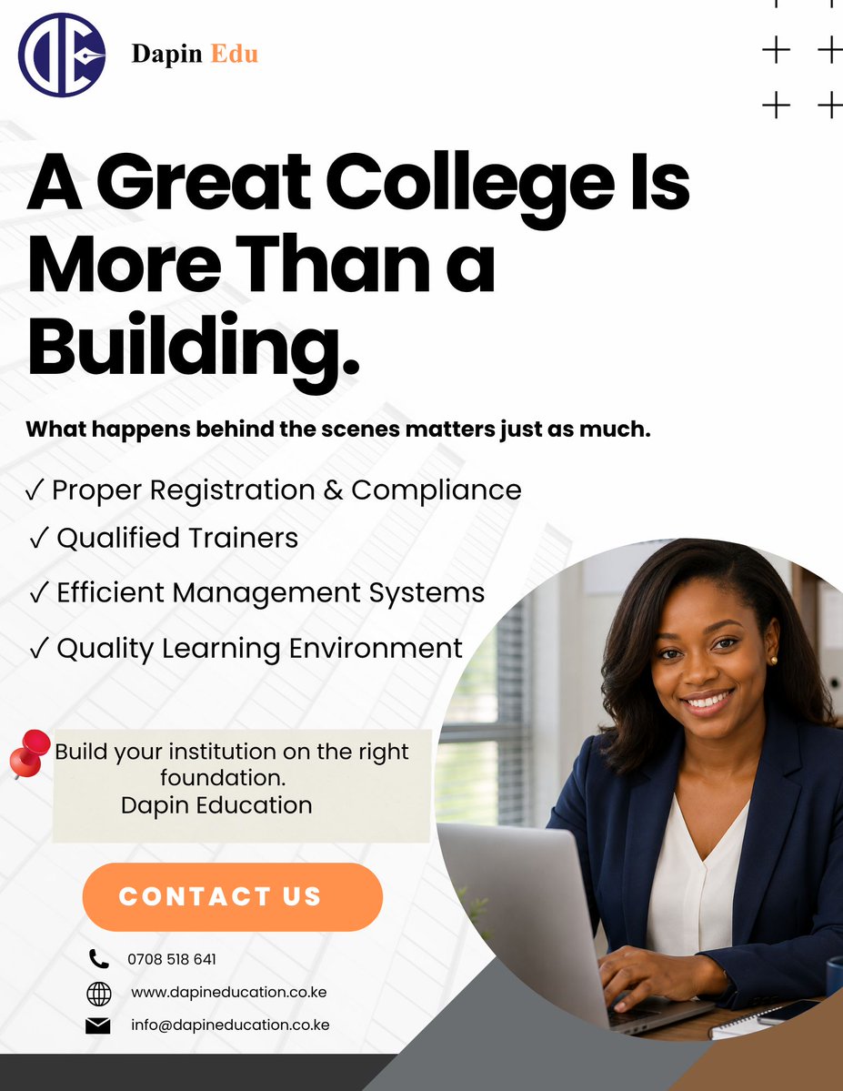 DapinEdu's tweet photo. A great college starts with more than four walls. It takes the right trainers, systems, compliance, and learning environment to build an institution that lasts.
Build on the right foundation with Dapin Education.
#DapinEducation #TVETKenya #CollegeManagement #EducationKenya #TVET https://t.co/ykQ5lS7uBV