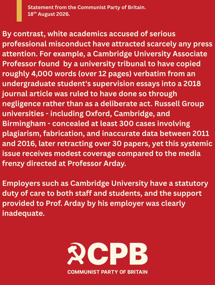 CPBritain's tweet photo. A statement from the Communist Party on the tragic death of Jason Arday. 

The circumstances surrounding his death are a profound tragedy and The Communist Party demands transparency in Prof. Arday's case and calls for support for trade union motions on academic freedom, media accountability, and neurodivergent safeguarding in workplaces and educational institutions, to raise awareness of racism in media treatment of black academics and public figures.

#JasonArday #AcademicJustice #StopTheHate