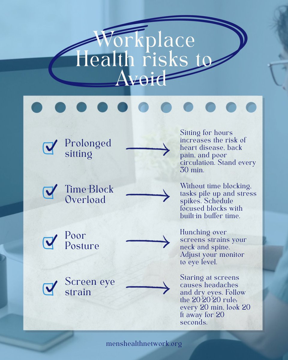 MensHlthNetwork's tweet photo. How many of these sound familiar? 

✅ Sitting for hours
✅ Poor posture
✅ Staring at a screen all day

You're not alone. Small changes can protect your overall health.

#MensHealth #Wellness #HealthyHabits #DeskJob #OfficeLife https://t.co/e7unJnVNFd