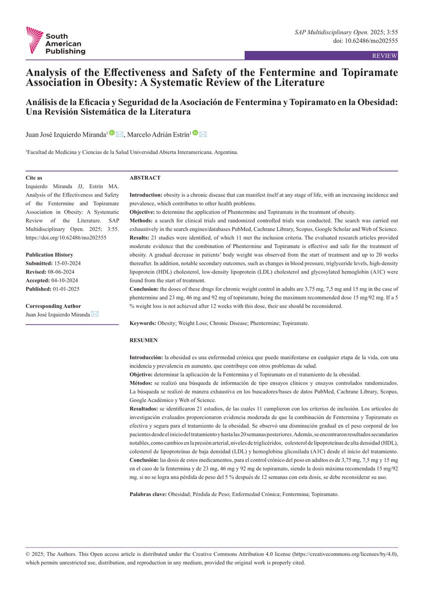 southampub's tweet photo. New evidence suggests Phentermine and Topiramate can effectively support weight loss in obese patients, with significant health improvements observed.

🔗 https://t.co/n821gsvGLH
DOI: 10.62486/mo202555
#SouthAmericanPublishing #OpenAccess https://t.co/OpPgGy08Gt