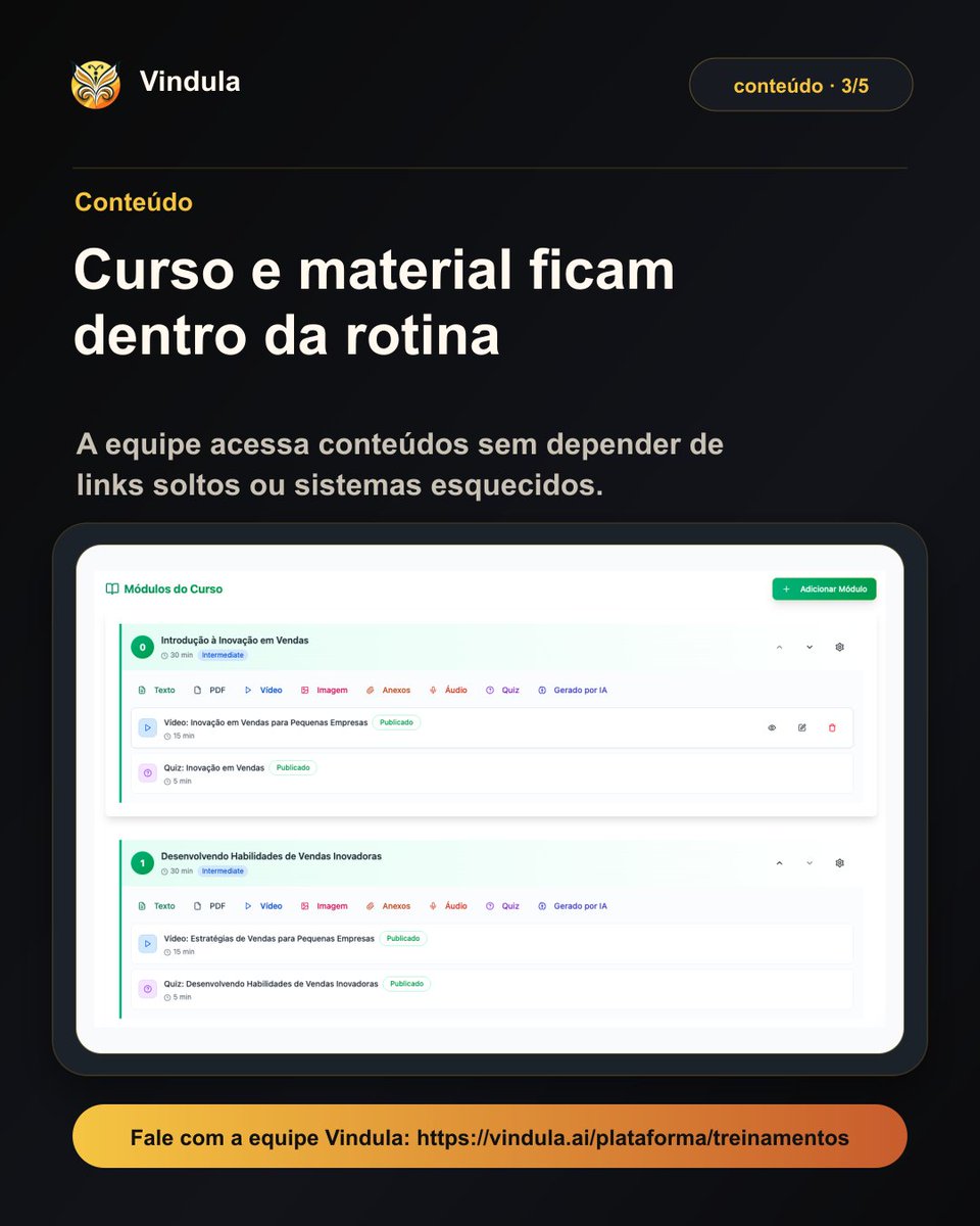 vindulaintranet's tweet photo. Treinamento solto vira esquecimento. No Vindula, trilhas e conteudos ficam mais proximos da rotina da empresa. https://t.co/0kAyCMlhVg