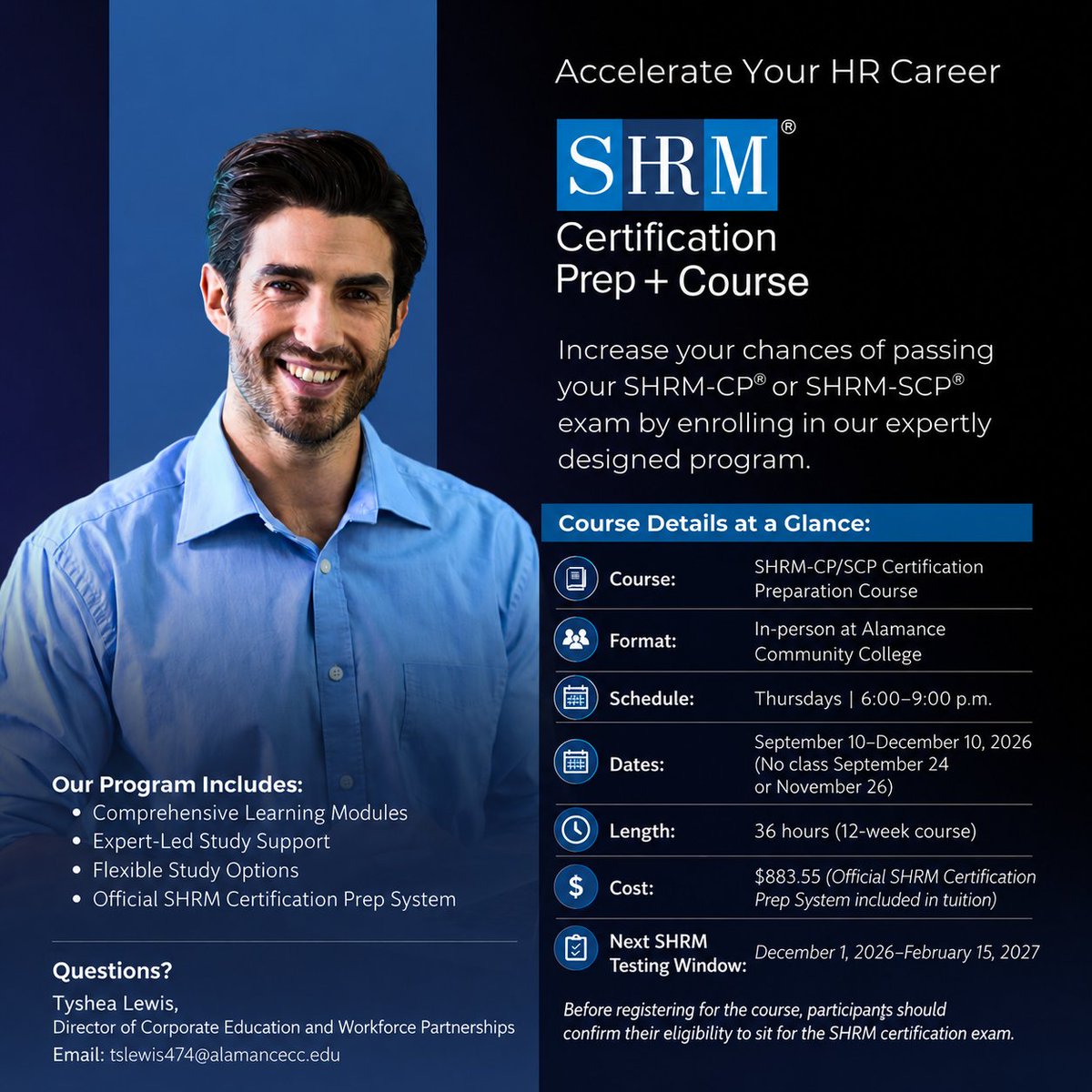 AlamanceCC's tweet photo. Alamance Community College will offer an SHRM Certification Preparation Course this Fall to help HR professionals prepare for the SHRM-CP or SHRM-SCP certification exam.
Questions? Contact Tyshea Lewis: tslewis474@alamancecc.edu
#SHRMCertified #HRCareer #AlamanceCC https://t.co/hnl5fx3HXo