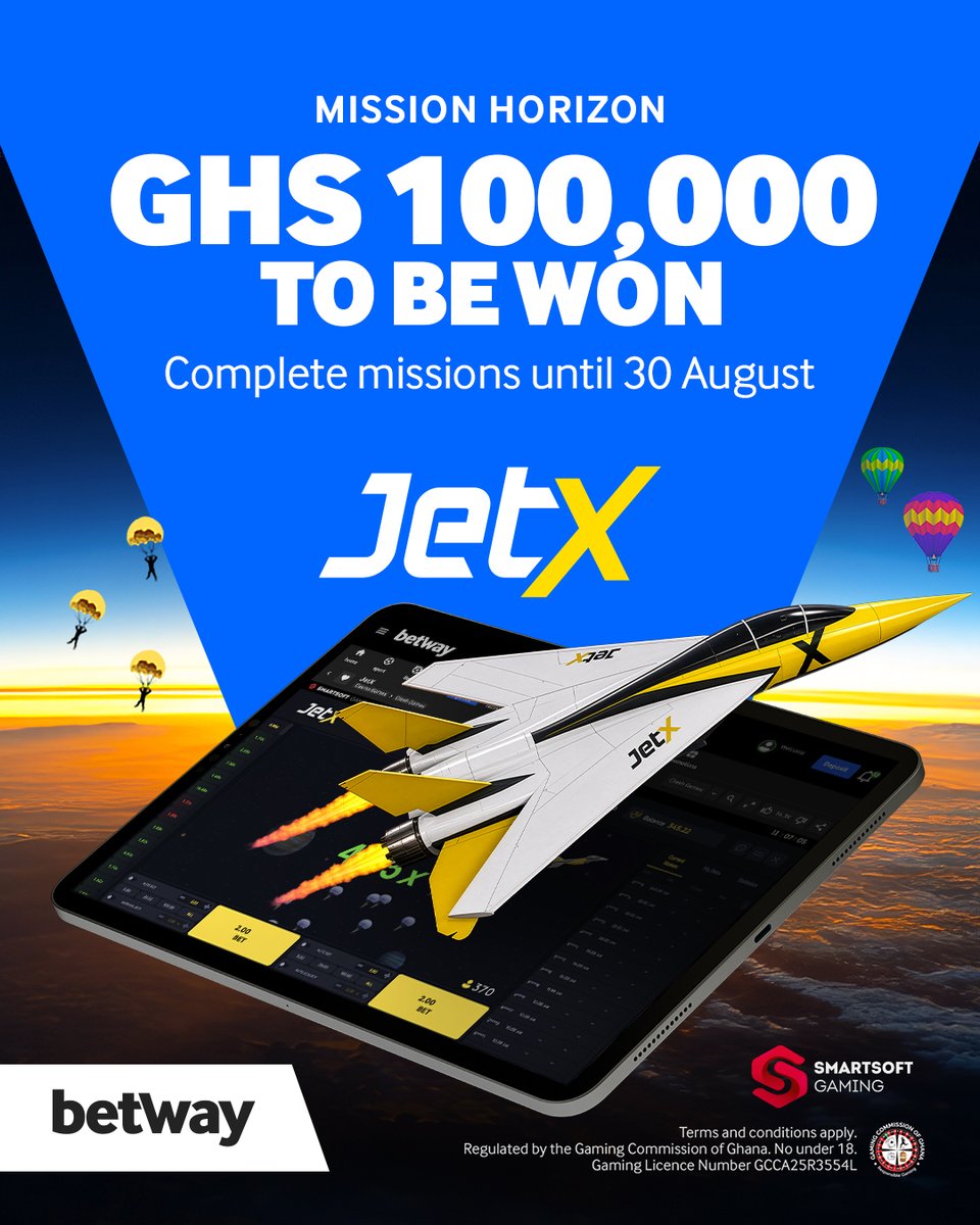 betway_gh's tweet photo. 🚀 Chale, JetX Mission Horizon is here!

From 14th to 30th August 2026, complete missions, rack up points, and climb the leaderboard! 🔥

✅ Open to all Betway customers
🎯 Complete missions to earn points
🏆 Push for the top and claim your bragging rights

Let's go! 🚀

Play here👉  https://t.co/XMz1pktaqP