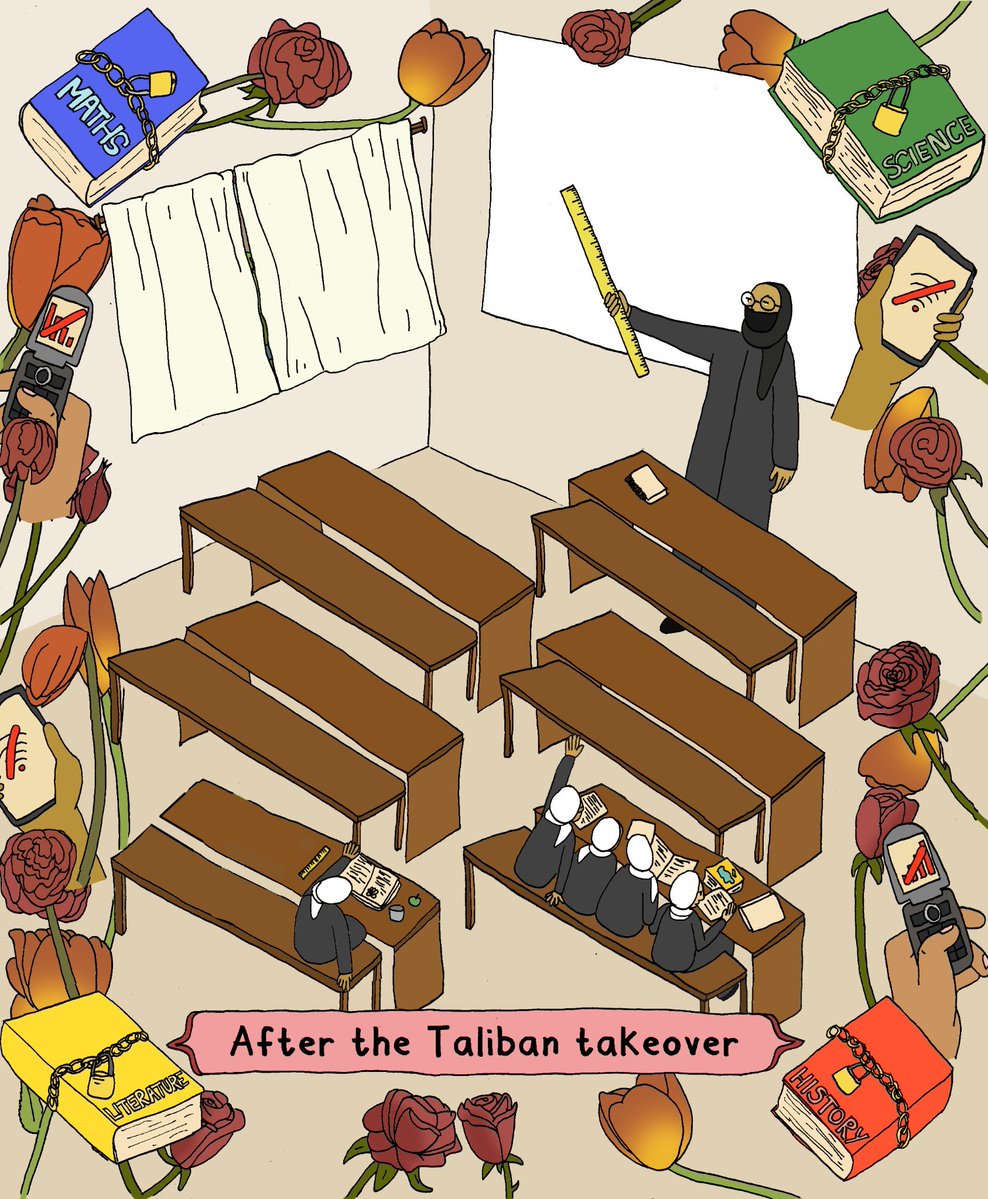 UN_Women's tweet photo. ❌ Education ❌ Employment ❌ Training

Nearly 8 in 10 young women in #Afghanistan face this reality.

Yet 9 in 10 Afghans support girls’ education.

Afghan women and girls want to learn. To work. To have choices.

Their futures should be theirs.

Illustrated by @MonaChalabi https://t.co/dhI8BbOGue