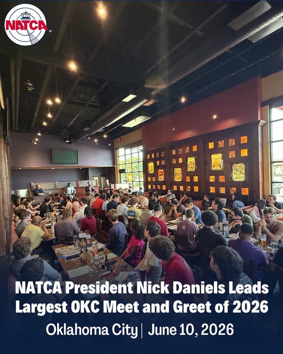 NATCA's tweet photo. NATCA President Nick Daniels, NATCA Executive President Mick Devine, Central Region Regional Vice President Aaron Merrick (NCE), and National Training Representative Jamaal Haltom (Las Vegas ATCT, LAS) led the largest meet and greet for FAA Academy students in OKC this year. https://t.co/gTPTb5tziD