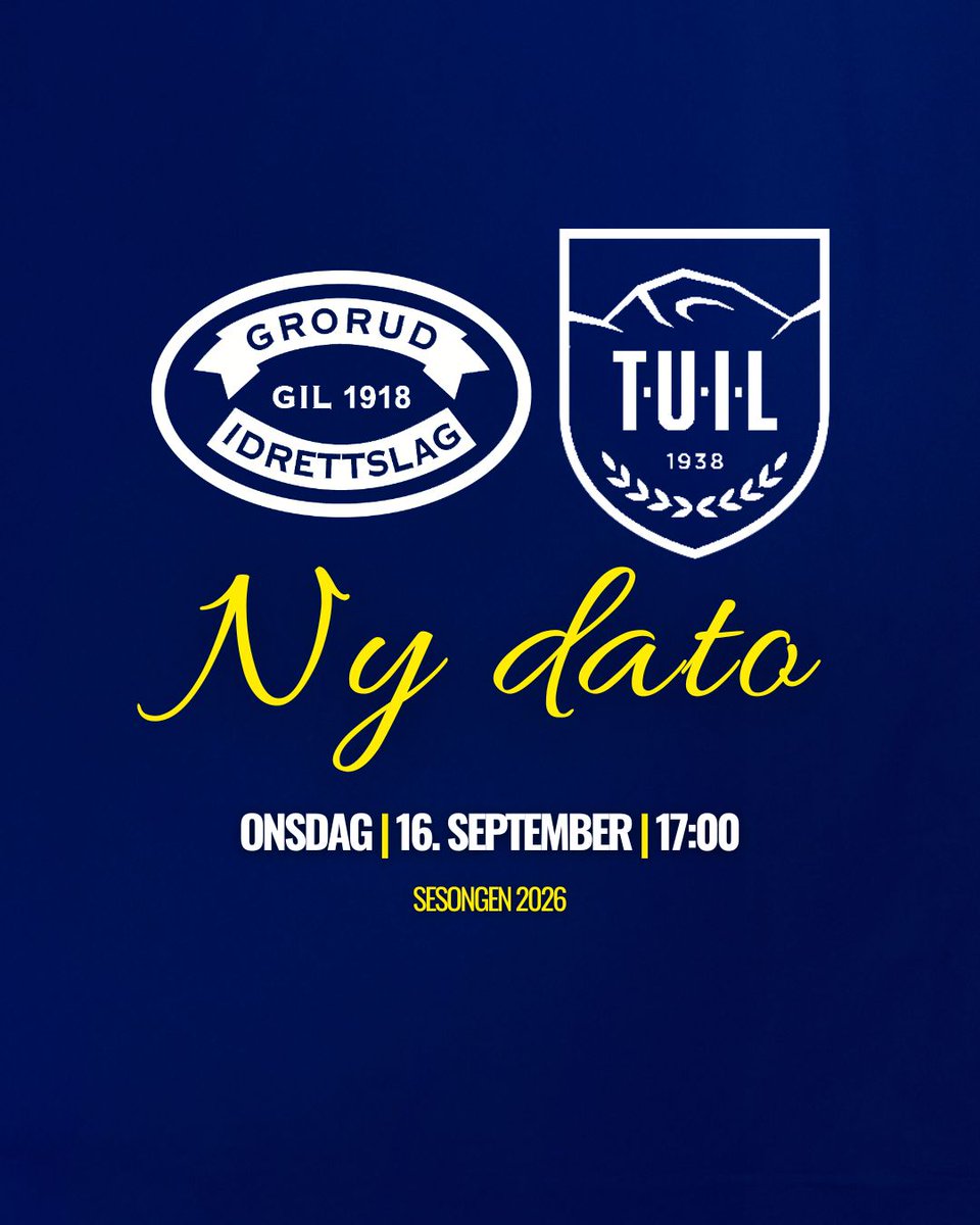 GrorudFotball's tweet photo. Vi prøver igjen i september! 📅

Helgens utsatte kamp mot Tromsdalen spilles onsdag 16. september kl. 17:00 på Grorud Idrettspark! 💛💙 https://t.co/LMaGNxPUOT