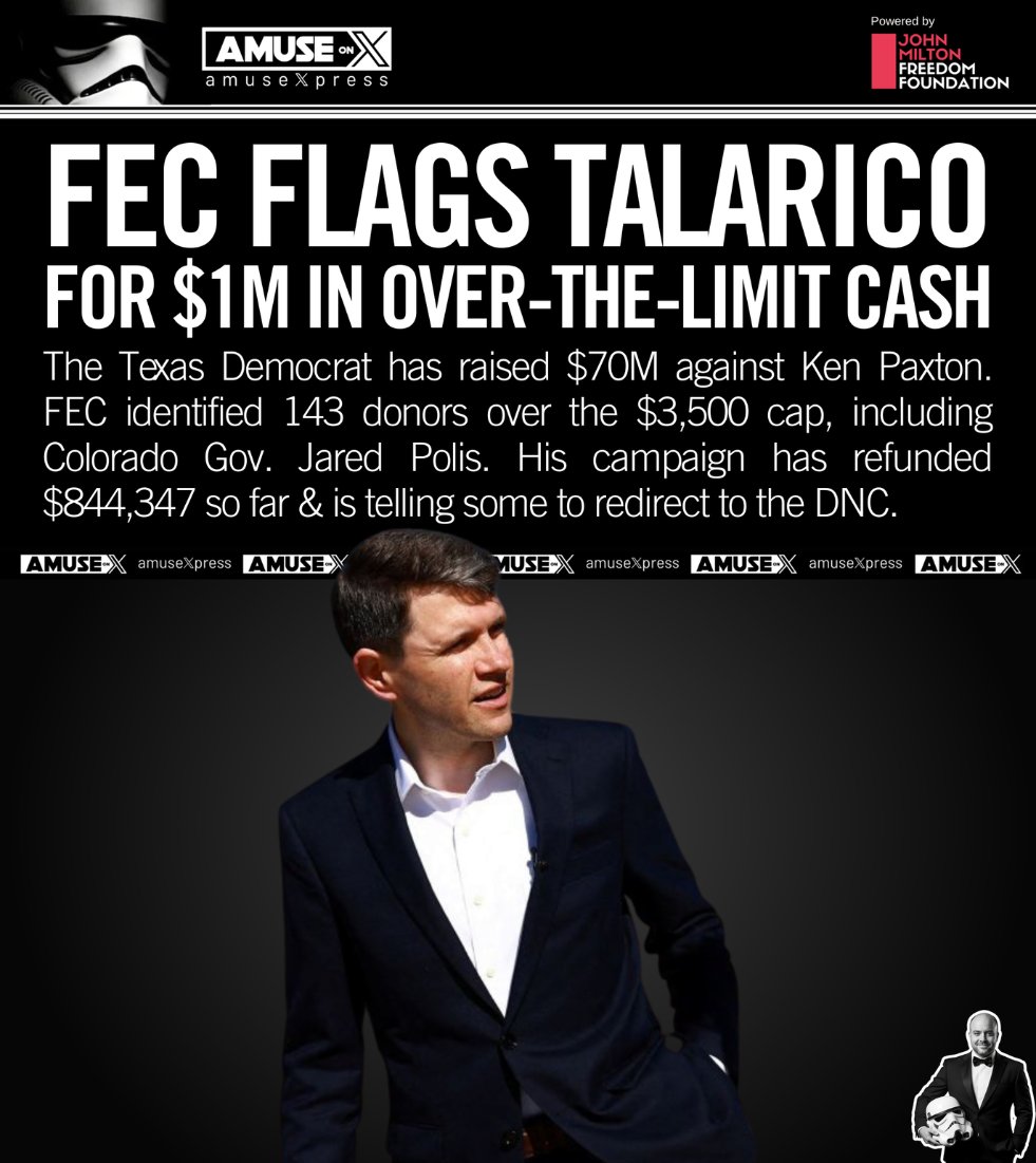 amuse's tweet photo. TEXAS SENATE RACE: James Talarico (CIS) was caught by election authorities accepting illegal campaign donations from out-of-state Democratic donors. He's already had to return over $840,000 of over $1M in illegal donations. The FEC has flagged 143 donors over the $3,500 limit.