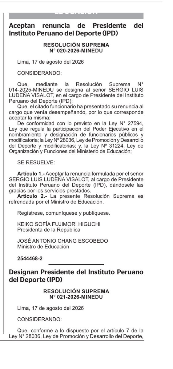 Epicentro_TV's tweet photo. Tal como lo anticipamos, hoy fue nombrado el ex ministro Óscar Fernández nuevo Presidente del IPD, en remplazo de Sergio Ludeña. Fernández ya estuvo en ese cargo y en 2018 renunció por una denuncia periodística sobre la contratación de tres amigas de su esposa. Más detalles hoy en #Grado5