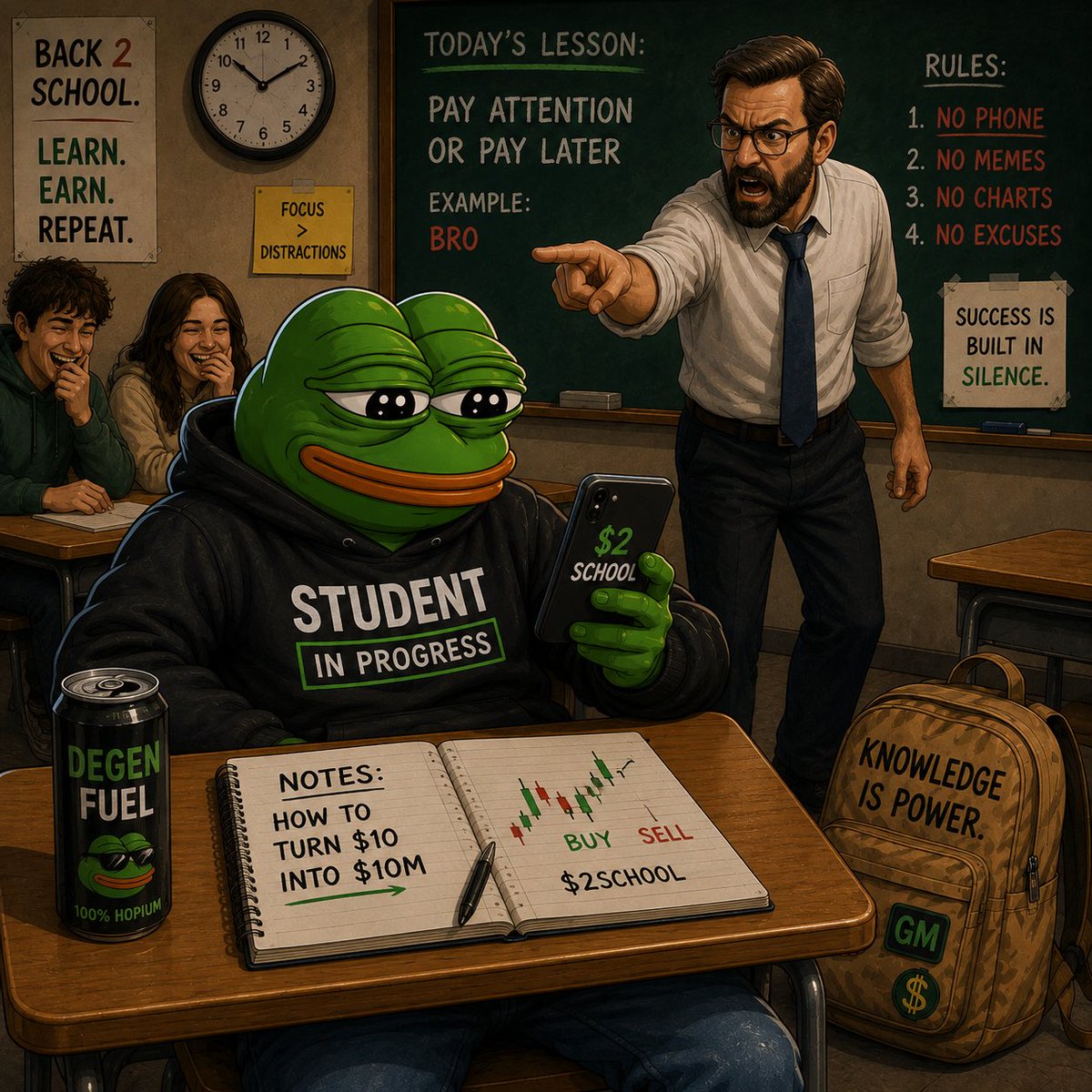 BackToSch0's tweet photo. Post 6 — Caught in 4K

Teacher: “BRO! PUT THE PHONE AWAY!”

Bro: “I’m taking notes.”

The notes: 📈📉📈📉

Bro is officially in the trading class now. 😂

🎒🐸 $2SCHOOL https://t.co/CdqkUja5FG