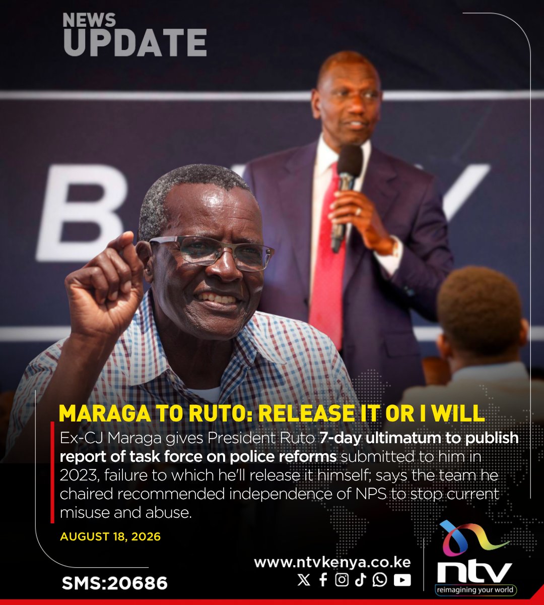ntvkenya's tweet photo. Ex-CJ Maraga gives President Ruto 7-day ultimatum to publish report of task force on police reforms submitted to him in 2023, failure to which he'll release it himself https://t.co/HkfMgF4GOZ