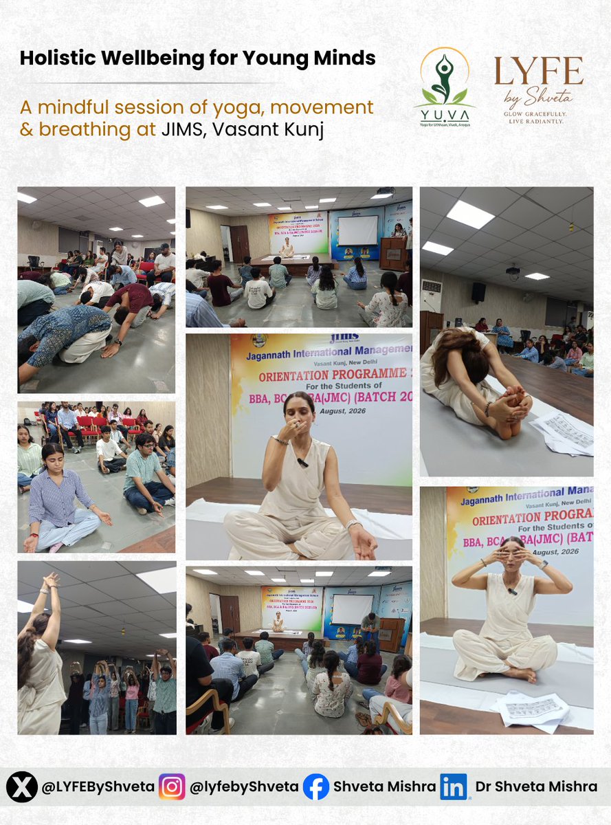 LyfeByShveta's tweet photo. योगश्चित्तवृत्तिनिरोधः

Nice time spent with Mass Comm undergrad students at JIMS, Vasant Kunj talking about wellbeing.

Through YUVA – Yoga for Uthhaan, Vivek, Arogya, I taught them how simple yoga-based practices can build awareness, balance &amp; resilience.

@jimsljptweets https://t.co/hcdrTAvxXo