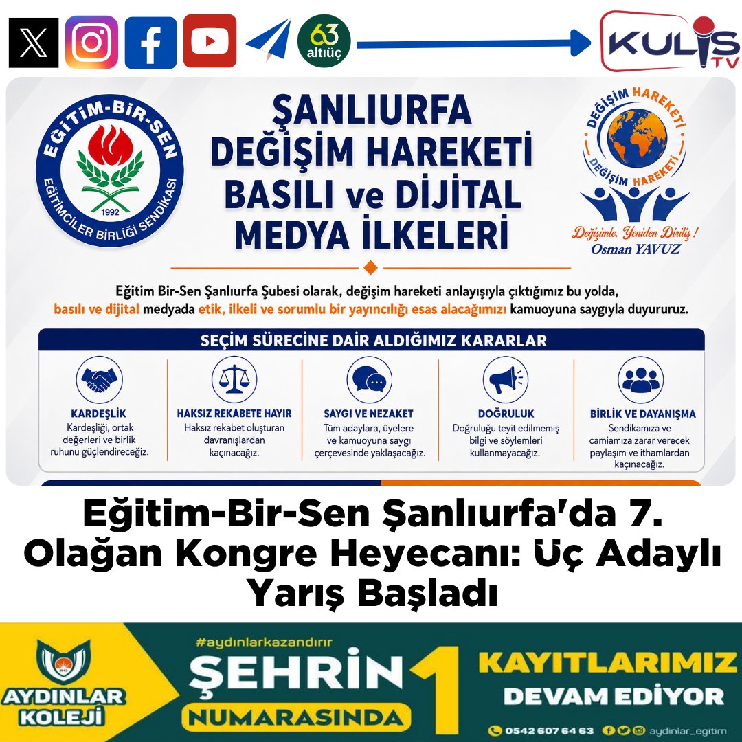 KulisTivi's tweet photo. Eğitim-Bir-Sen Şanlıurfa’da 7. Olağan Kongre Heyecanı: Üç Adaylı Yarış Başladı 

Memur-Sen’e bağlı Eğitim-Bir-Sen Şanlıurfa Şubesi’nde 7. Olağan Kongre heyecanı şimdiden başladı.

@Osman_Yavuz63 

https://t.co/Wooe0Ug8Vn https://t.co/pLYkZK1ybD