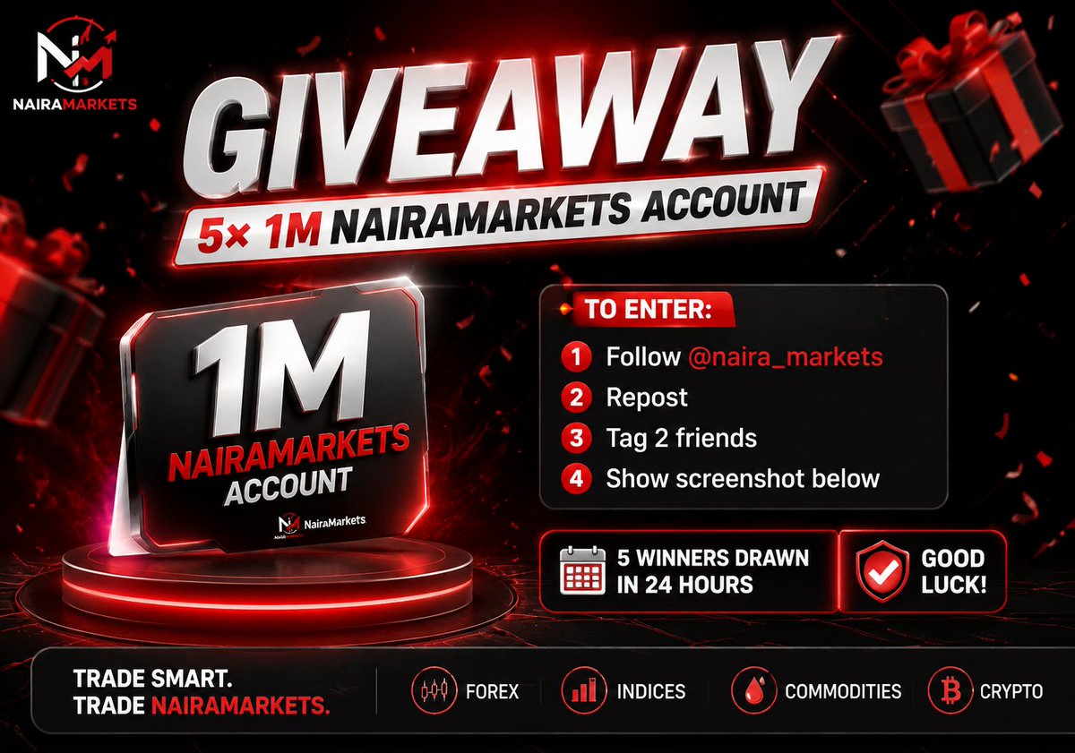 Ameer_Trader's tweet photo. GIVEAWAY  5× 1M NairaMarkets account

To enter:  
1. Follow @naira_markets @Ameer_Trader
2. repost 
3. Tag 2 friends 
4. Show screenshot below 

5 winner drawn in 24 hours. Good luck https://t.co/uuoHJQx7FS