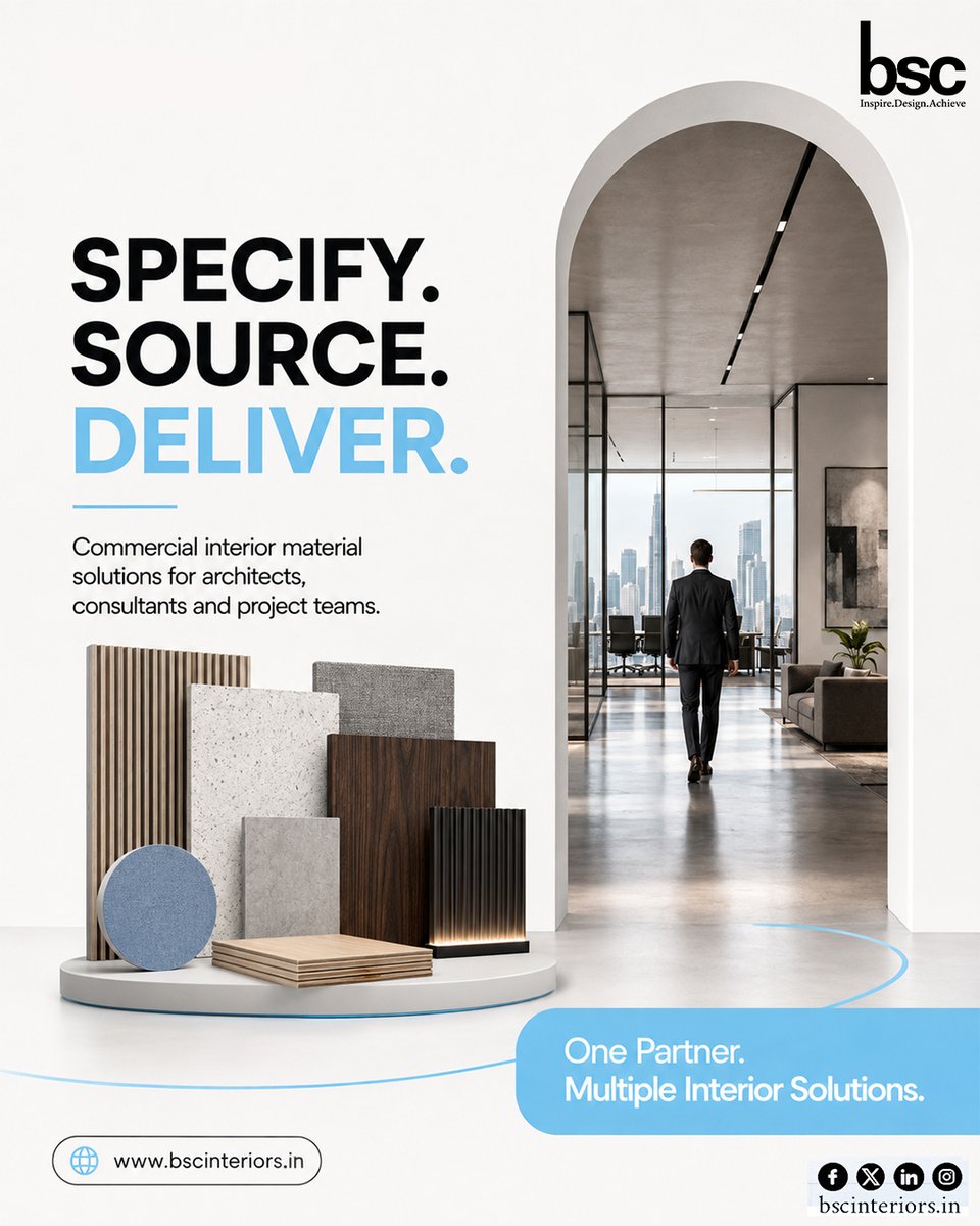 BSC_Interiors's tweet photo. Specify. Source. Deliver. 

From ceilings and flooring to walls, furniture, lighting, plywood &amp; sanitaryware—BSC Interiors brings multiple commercial interior solutions under one trusted partnership.

One Partner. Multiple Interior Solutions.

https://t.co/D3bfpm4VUV https://t.co/Pqy6AjYQkm