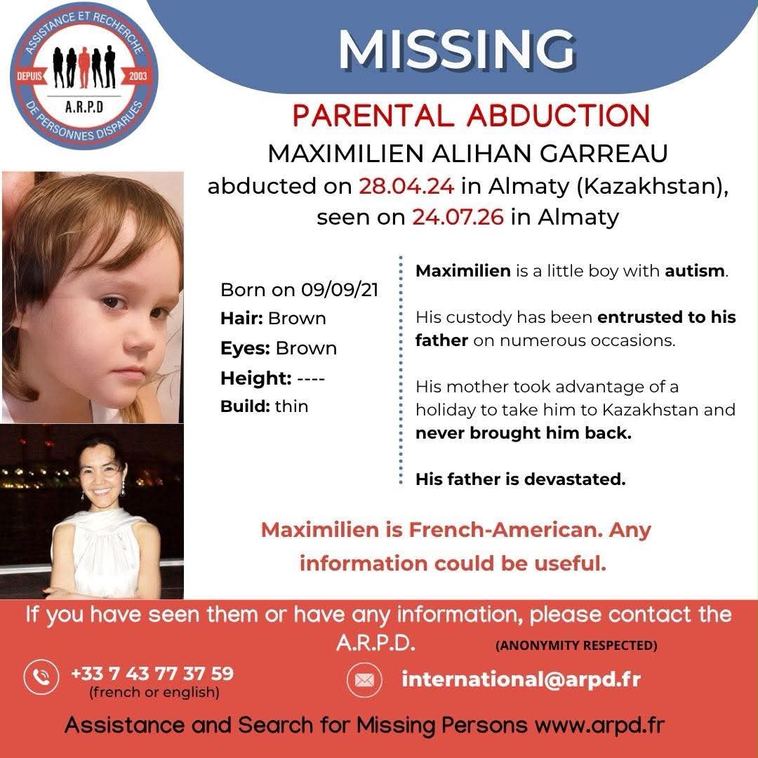 arpd_fr's tweet photo. AVIS DE RECHERCHE – Maximilien Alihan Garreau
Maximilien a été aperçu le 24 juillet 2026 à Almaty -  Kazakhstan
🙏Merci de contacter les enquêteurs l’ARPD :
· Téléphone : +33 7 43 77 37 59 (français ou anglais)
· E-mail : international@arpd.fr
https://t.co/rIHzohWHNo
#ARPD https://t.co/YdIsYEoxv2