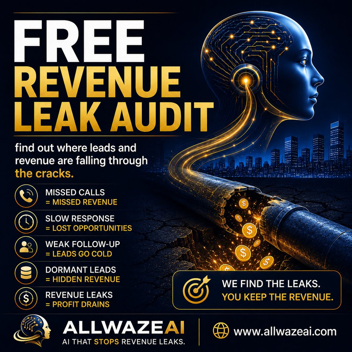 bala_aps's tweet photo. You may not have a lead problem. You may have a revenue leak problem.

Missed calls. Slow responses. Weak follow-up. Dormant leads.

Get your FREE Revenue Leak Audit.

We find the leaks. You keep the revenue.

#RevenueLeaks #AllwazeAI https://t.co/RYmcOYJcmt