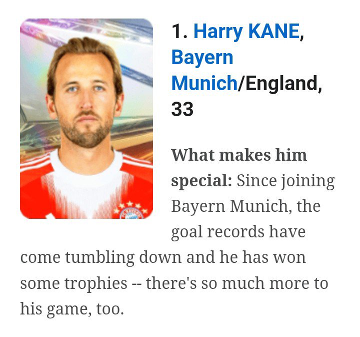 iMiaSanMia's tweet photo. - @ESPNFC ranked Harry Kane as the best center forward in the world in their annual FC100 list for 2026

1- HARRY KANE 
2- Kylian Mbappé 
3- Erling Haaland 
4- Ousmane Dembélé 
5- Julián Alvarez 
6- Lautaro Martínez 
7- Kai Havertz 
8- João Pedro 
9- Victor Osimhen 
10- Hugo Ekitiké 

Full list: https://t.co/uZq737lOrV
