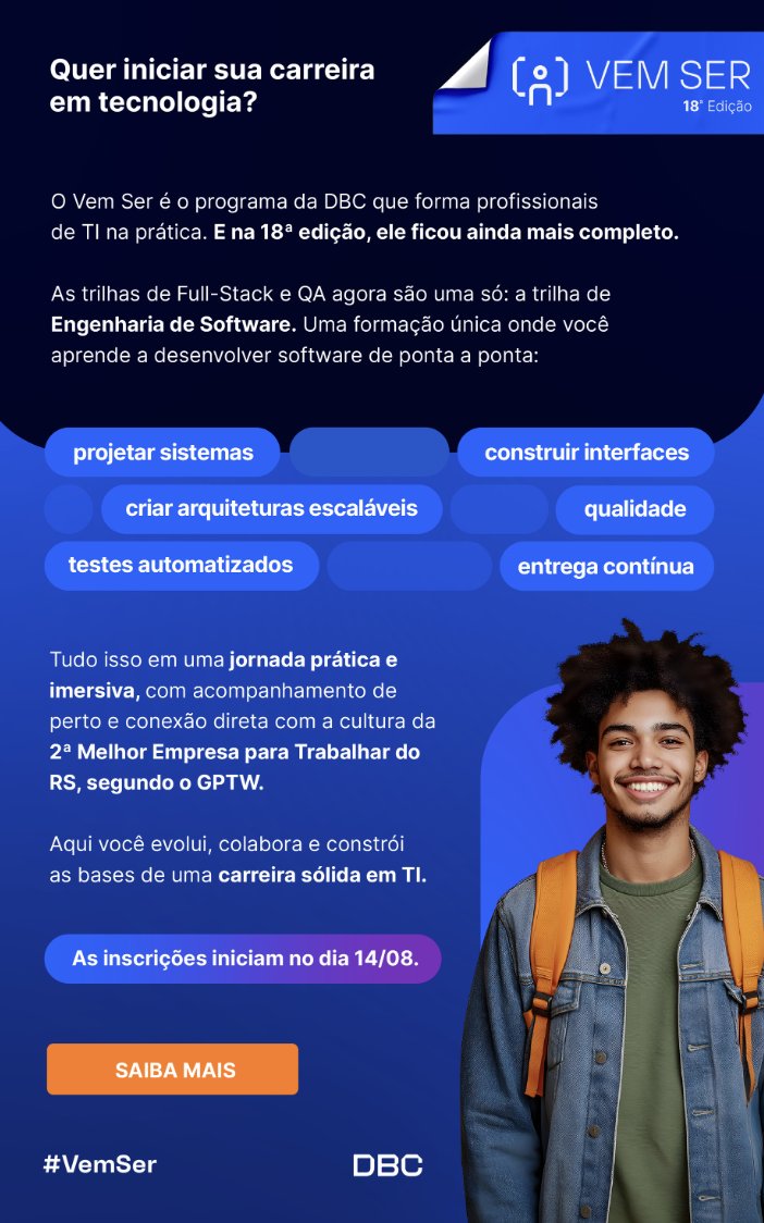 renatarsilvax's tweet photo. Estágio 100% remoto em TI! 👇

O Vem Ser DBC (18ª Edição) abriu inscrições para formação imersiva em Engenharia de Software com chance real de efetivação 🚀

🔹 Bolsa: R$ 800/mês (~8 meses | 6h/dia) 
🔹 Trilha: Full Stack (Java/Spring, React, Node), QA e IA 🔹 Início: Outubro/2026.

Site: https://t.co/OZK8WvVMfC