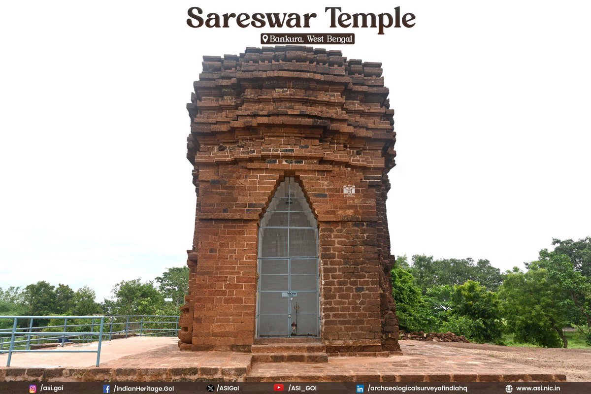 ASIGoI's tweet photo. The temple is square in shape and faces south. On each of its four sides is a porch with a triple-arched opening. The arches are cusped and rise from heavy piers, creating a symmetrical arrangement.

The temple is known for its highly ornamental terracotta decorations, found both inside and outside the temple, including on the four walls, the areas beside them, and the towers above the roof. The terracotta panels depict a wide range of subjects, including Krishna-lila scenes, episodes from the Ramayana and Mahabharata, social life, and stories from Shaiva or Shakta legends.

Among these decorations, the Krishna-lila panels are noted for their high artistic skill. They depict episodes from the life of Lord Krishna, including the Rasa-mandala and other scenes. (2/2)