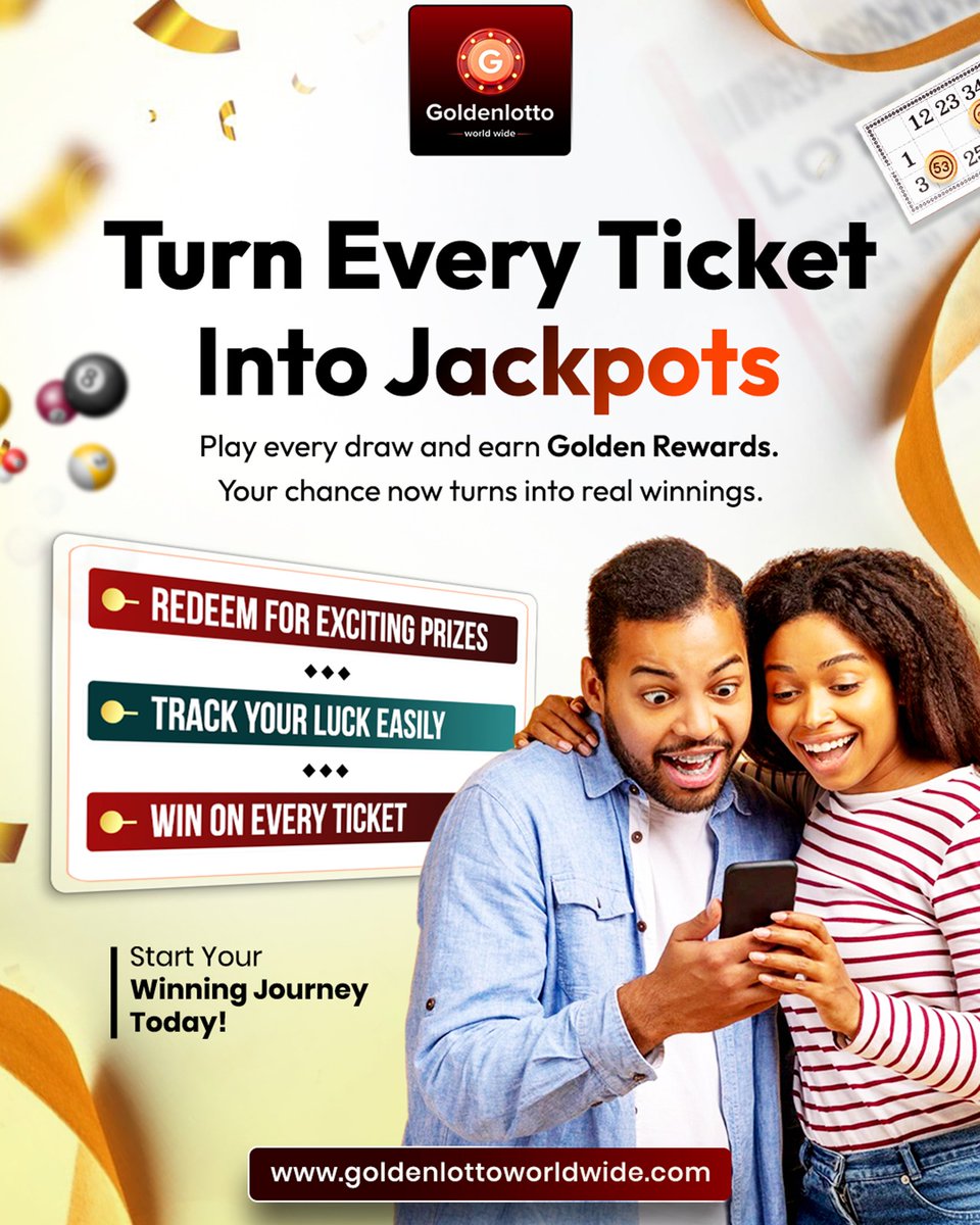 Golden_lotto_'s tweet photo. ✨TURN EVERY TICKET INTO JACKPOTS!✨

Your lottery journey just got more exciting!

With Golden Lotto Worldwide, explore exciting draws and opportunities to earn rewards.

👉https://t.co/HqOstyjL9P

#GoldenLotto #GoldenLottoWorldwide #Lottery #Jackpot #LotteryWin #LuckyDraw https://t.co/uMg2uCO74b