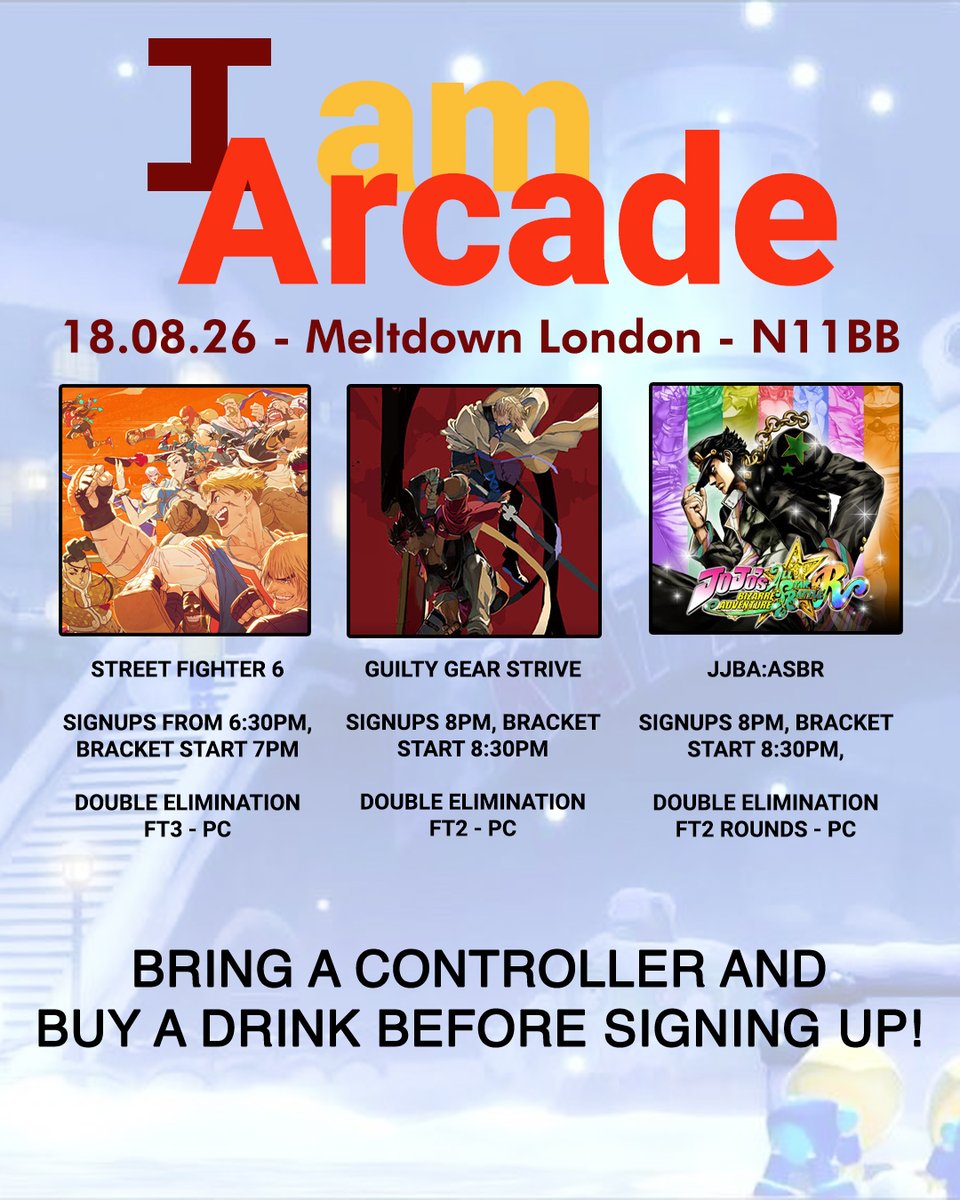 Fight_Lab's tweet photo. This week we've got a mix of SF6, Strive and JJBA:ASBR on the lineup!

Signups for side games will be taken at 8PM with side games starting at 8:30PM.

Please buy a drink before signing up, bring a controller, and a PC compatible cable! See you there! https://t.co/HrUvVB2vxk