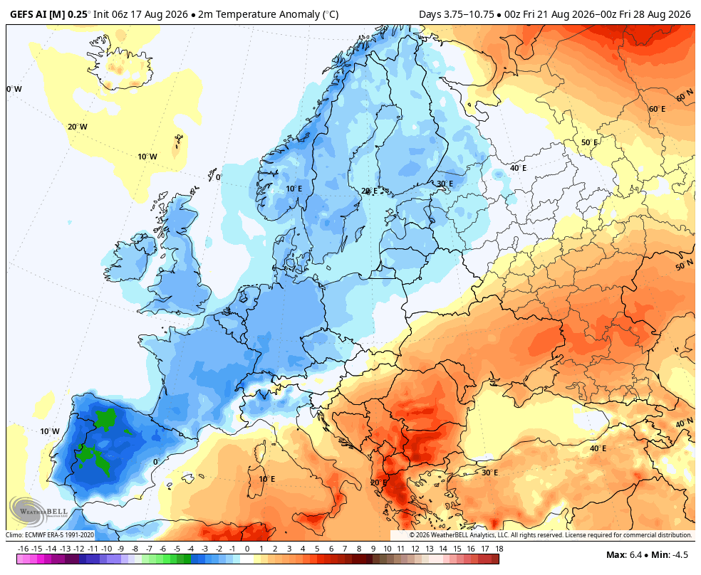 MMmarco0's tweet photo. Il caldo arretra in Europa, ma l’Italia resta divisa.

La tendenza per il periodo 21-28 agosto è interessante perché racconta bene il cambio di fase che dovremmo vivere nella terza decade. Non stiamo parlando di fresco generalizzato e non stiamo parlando di fine dell’estate per quanto riguarda l'Italia ma la mappa mostra però una cosa importante, l’Europa occidentale e centro-settentrionale entrerebbe in una fase con temperature in media o sotto media, mentre il caldo più anomalo tenderebbe a concentrarsi tra Balcani, Italia centro-meridionale, Grecia, Turchia e Mediterraneo orientale. L’Italia sarebbe esattamente divisa a metà dalla linea di confine delle due masse d'aria.

Il Nord sarebbe più vicino all’influenza atlantica, quindi con temperature normali per il periodo, localmente anche leggermente inferiori alla media. Dal prossimo fine settimane le regioni settentrionali saranno libere, in modo definitivo, dal rovente abbraccio dell'anticiclone subtropicale continentale. Il Centro vivrebbe una fase di transizione con periodi meno caldi alternati a momenti in cui l'anticiclone riuscirà ancora a far sentire la sua resistenza. Sud e Isole, invece, resterebbero più vicini al bordo caldo della struttura subtropicale, con anomalie ancora positive e un ridimensionamento che probabilmente avverrà non prima degli ultimi giorni del mese. 

Il caldo non sparisce, ma arretra. Non domina più tutta la scena europea come nelle fasi più bloccate, ma tende a ritirarsi verso latitudini più basse e verso il Mediterraneo orientale. Vi ricordo che siamo ancora su una tendenza media settimanale, non su una previsione di dettaglio. Non ci dice il tempo giorno per giorno, né dove pioverà o quanto farà fresco in una singola città, ci dice però che l’assetto barico in Europa sta cambiando.

A livello atmosferico l'Italia sta per dividersi, l'estate comincia a perdere il suo dominio assoluto ma resisterà in modo tenace al Centro-Sud, ed in particolare a partire da Lazio ed Abruzzo in giù.