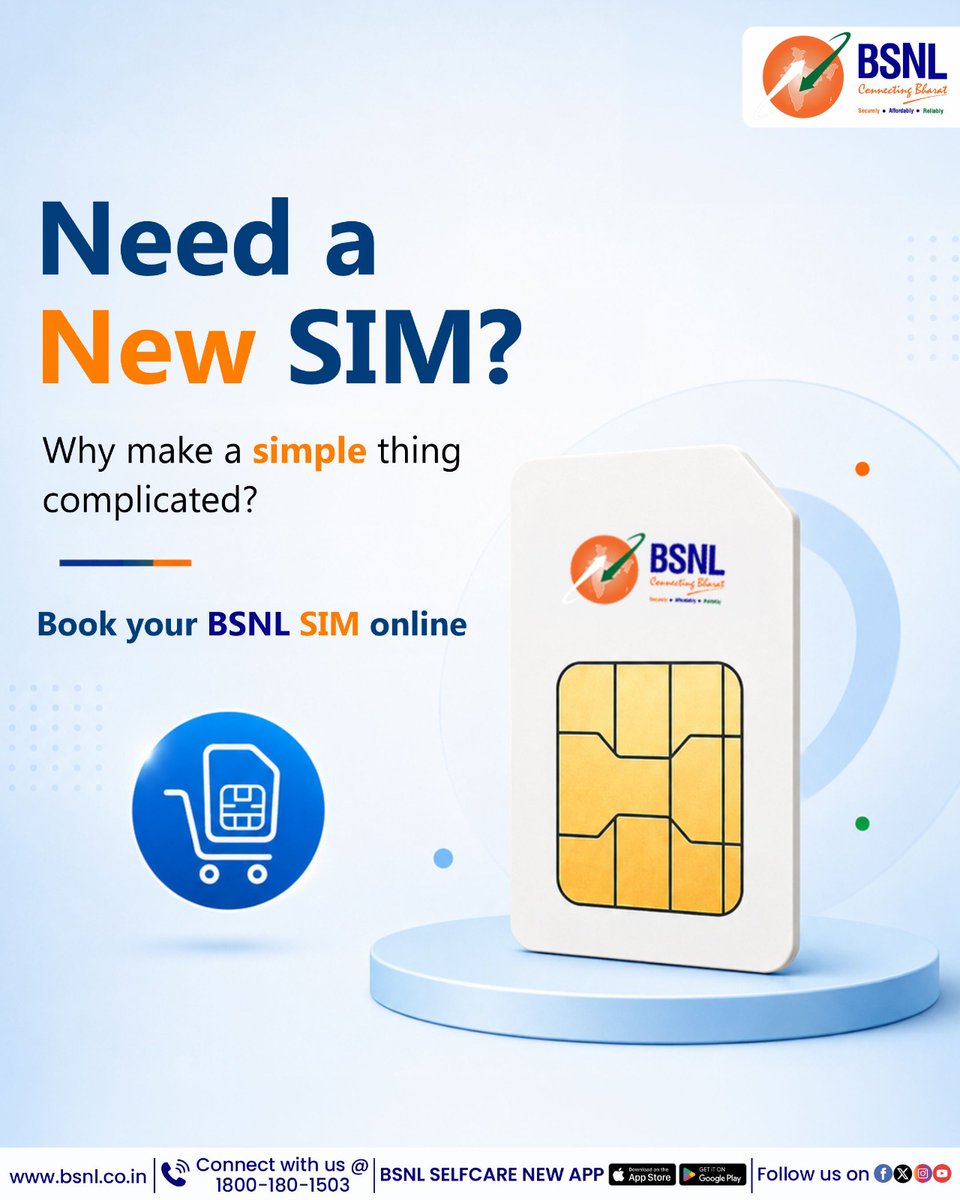 BSNLCorporate's tweet photo. Why wait in line when you can book your BSNL SIM online?

Book your sim online via #bsnlsimbooking
👉 https://t.co/Lb1PO6wlC0

#BSNLIndia #StayConnected #InternetForEveryone #DigitalLife #IndiaOnline #BSNLServices #SmartIndia #EverydayConnectivity #bsnlsimonline #SIMBOOKING @CMDBSNL @robertravi21