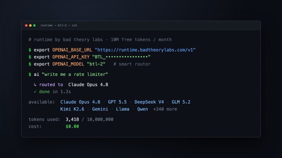 yuliaisc's tweet photo. HE ENCONTRADO UNA API QUE REGALA 10 MILLONES DE TOKENS AL MES

Claude Opus 4.8, GPT 5.5, DeepSeek V4, Kimi K2.6 y más de 340 modelos.

Sin tarjeta de crédito.
Solo iniciar sesión con Google y configurarlo en 2 minutos.

Esto es lo que ofrece What Runtime de Bad Theory Labs:

• 10 millones de tokens gratis al mes con su router inteligente btl-2, que elige automáticamente el mejor modelo para cada tarea.

• Acceso a Claude Opus 4.8, GPT 5.5, DeepSeek V4 Pro/Flash, GLM 5.2, Kimi K2.6, Gemini, Llama, Qwen y más de 340 modelos.

• DeepSeek V4 Pro y Flash gratis durante la promoción de lanzamiento.

• API compatible con OpenAI. Solo cambias la URL base y funciona con prácticamente cualquier herramienta.

Esto puede sustituir varias suscripciones:

ChatGPT Plus → 20 €/mes
Claude Pro → 20 €/mes
Cursor Pro → 20 €/mes
Perplexity Pro → 20 €/mes

Todo por 0 €.

Cómo conseguirlo (2 minutos):

1. Entra en https://t.co/EqTCcyXKML
2. Regístrate con Google (sin tarjeta)
3. Completa el onboarding
4. Recibirás los créditos gratis automáticamente
5. Copia tu API Key (empieza por BTL_)
6. Configura la Base URL: https://t.co/loLUcLW47j
7. Selecciona el modelo btl-2 para que el router elija automáticamente el mejor modelo en cada petición.

Es compatible con Cursor, Aider, Hermes Agent, OpenCode, OpenClaw, LangChain y cualquier herramienta compatible con la API de OpenAI.

Importante: el plan gratuito es una promoción de lanzamiento y puede cambiar cuando aumente el número de usuarios.

Además, tiene límites de uso, por lo que no está pensado para cargas de producción muy intensivas.

Mientras otros siguen pagando 20€ al mes por usar un único modelo, aquí tienes acceso a Claude + GPT + DeepSeek + GLM y cientos de modelos más sin pagar nada.

Guárdate este post antes de que cambien el plan gratuito.