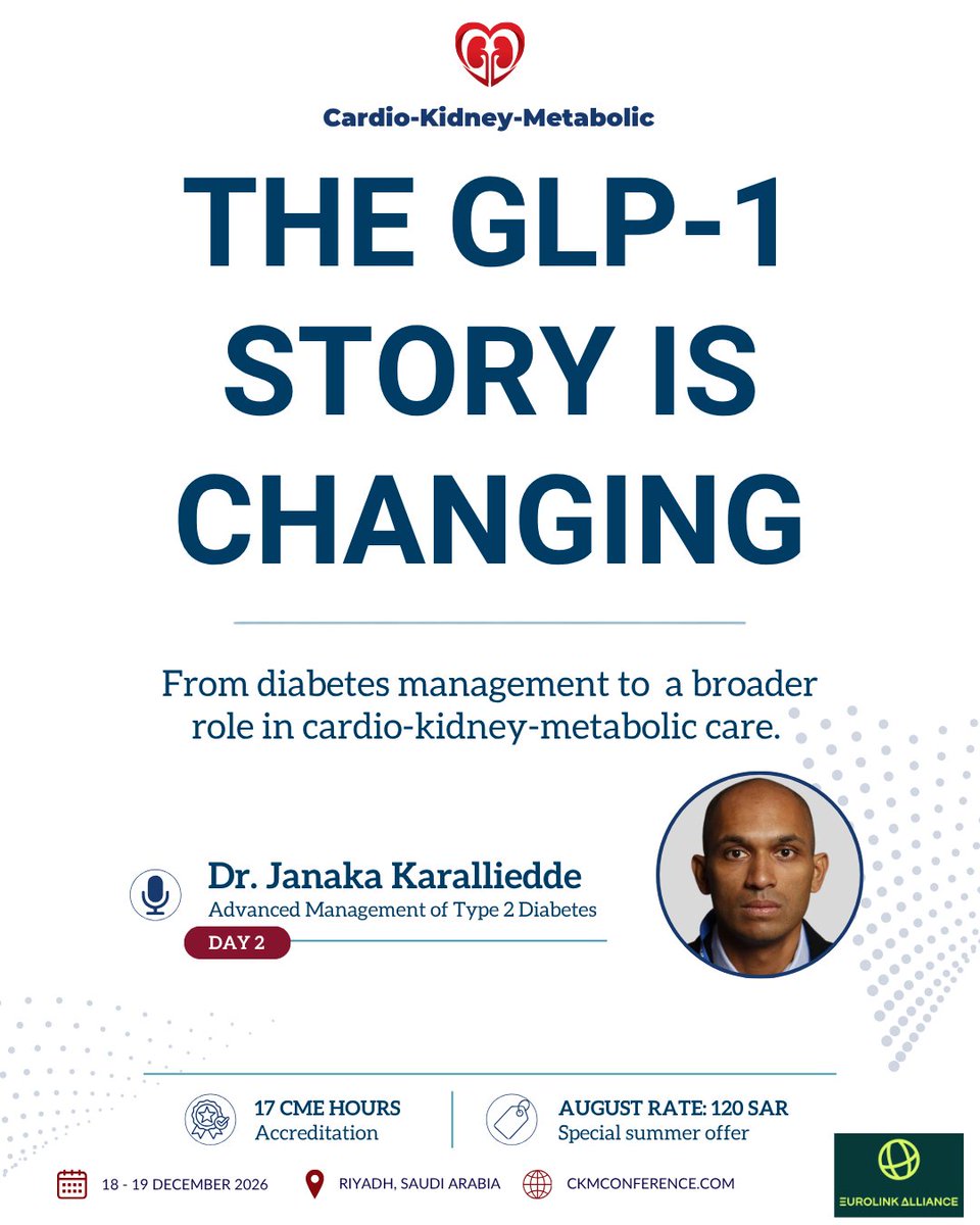 ckmconference's tweet photo. 1st CKM Conference | Beyond Glucose Control

GLP-1 receptor agonists have moved far beyond their original role in diabetes management. Cardiovascular outcomes, substantial weight reduction and emerging evidence in kidney disease are changing how these therapies are considered across the cardio–kidney–metabolic spectrum. For clinicians managing patients with diabetes, obesity, cardiovascular risk or CKD, the evidence is moving quickly, and knowing where GLP-1 RAs fit alongside other therapies is becoming increasingly important.

On Day 2, Dr. Janaka Karalliedde will deliver his lecture on “Advanced Management of Type 2 Diabetes”, focusing on the evolving approaches in optimising care for patients with T2D within the broader CKM context. Join the conversation in Riyadh and gain insights into contemporary strategies shaping diabetes management in clinical practice.

📅 18–19 December 2026 | Riyadh, Saudi Arabia
🎓 17 CME Hours | 💰 August Rate: SAR 120

#CKMConference #CardioKidneyMetabolic #GLP1 #GLP1RA #Diabetes #Obesity #Cardiology #Nephrology #Endocrinology #MedicalEducation #MultidisciplinaryCare