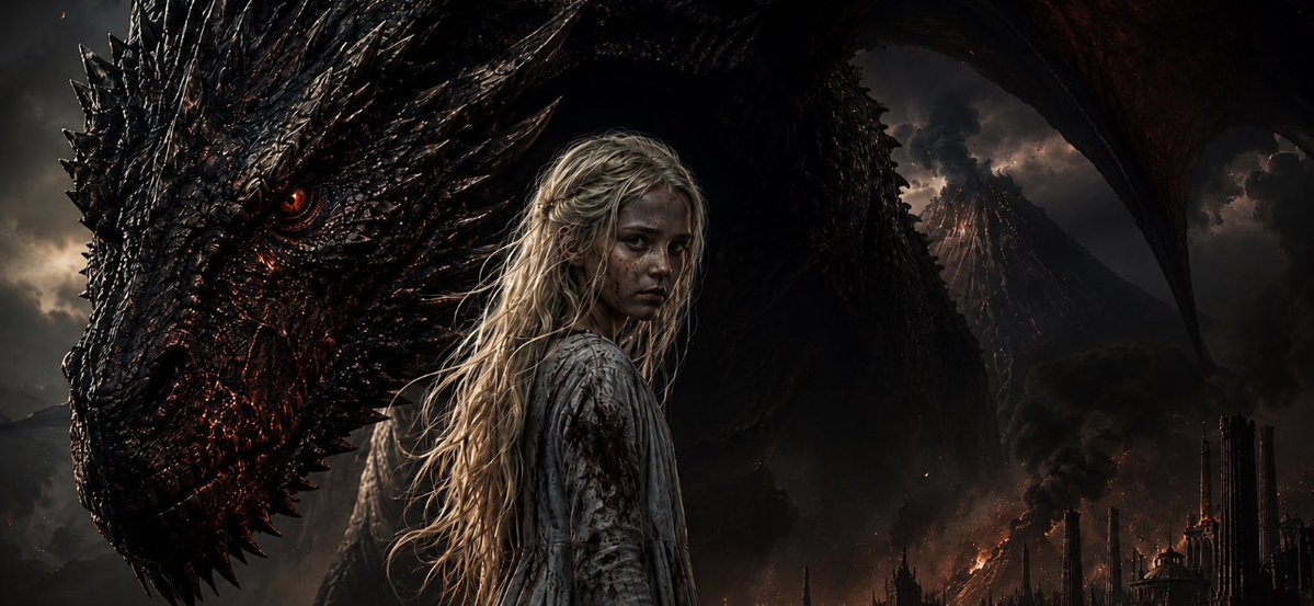 Uc_heyy02's tweet photo. The scariest Targaryen story was not about a war.
It was about a little girl who stole Balerion the Black Dread, the same dragon that melted Harrenhal, and vanished with her for over a year.
When they finally returned, even Balerion was badly wounded.

Something was burning Aerea alive from the inside.
They called it a fever but it wasn’t.
Whatever was happening to her was far more terrifying than a simple illness.
And almost every sign pointed to one place:
Old Valyria.
So what the hell did Balerion see there & what did he bring back with him?

Because if something in Valyria was powerful enough to wound Balerion, what exactly was he up against?
And if Aerea was the one who stole him was she really the one in control when they came back?

Because I’m not going to lie, I need Aegon’s Conquest series just to see Balerion in his prime.
And then I need them to show us exactly what happened in Valyria.