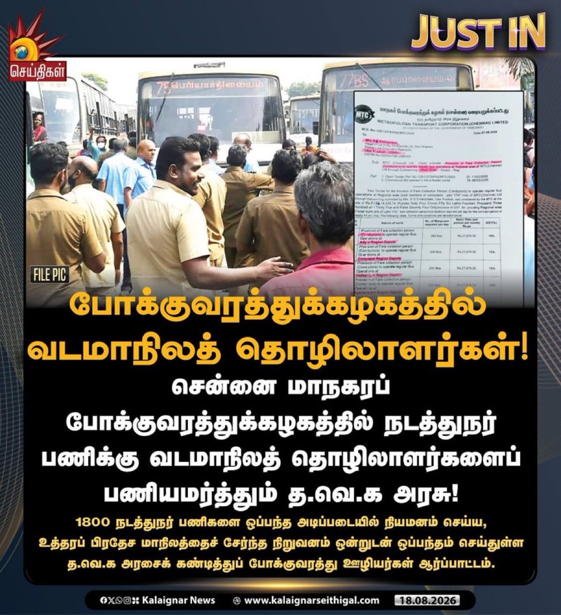 DevakumaarOffcl's tweet photo. MTC-யில் 1,800 நடத்துநர்கள் விவகாரத்தில் திட்டமிட்டு ஒரு தவறான செய்தி பரப்பப்படுகிறது.

​"தவெக இதற்கு உடந்தை / தவெக மீது பழி போடும் நோக்கில்" வடமாநிலத்தவர் விவகாரத்தை முடிச்சுப் போடுகிறார்கள்.

​உண்மை என்ன?

​இந்த டெண்டர் திமுக ஆட்சிக்காலத்திலேயே (ஜனவரி 2026) வெளியிடப்பட்டது.
​இது அரசு நிரந்தர பணி நியமனம் அல்ல; தனியார் நிறுவனத்தின் மூலம் ஆட்களைப் பெறும் ஒப்பந்தம் (Outsourcing).

​திமுக ஆட்சியில் போட்ட டெண்டரை மறைத்துவிட்டு, இன்று தவெக மீது அபாண்டமாகப் பழி போடுவது ஏன்?

​தமிழக இளைஞர்களின் வேலைவாய்ப்பில் எந்த சமரசமும் இருக்கக் கூடாது. அதே நேரத்தில், உண்மையை மறைத்து அரசியல் செய்யும் திமுகவின் இந்த இரட்டை வேடத்தை மக்கள் தெளிவாகப் புரிந்து கொள்வார்கள்!

​@imrajmohan @CTR_Nirmalkumar