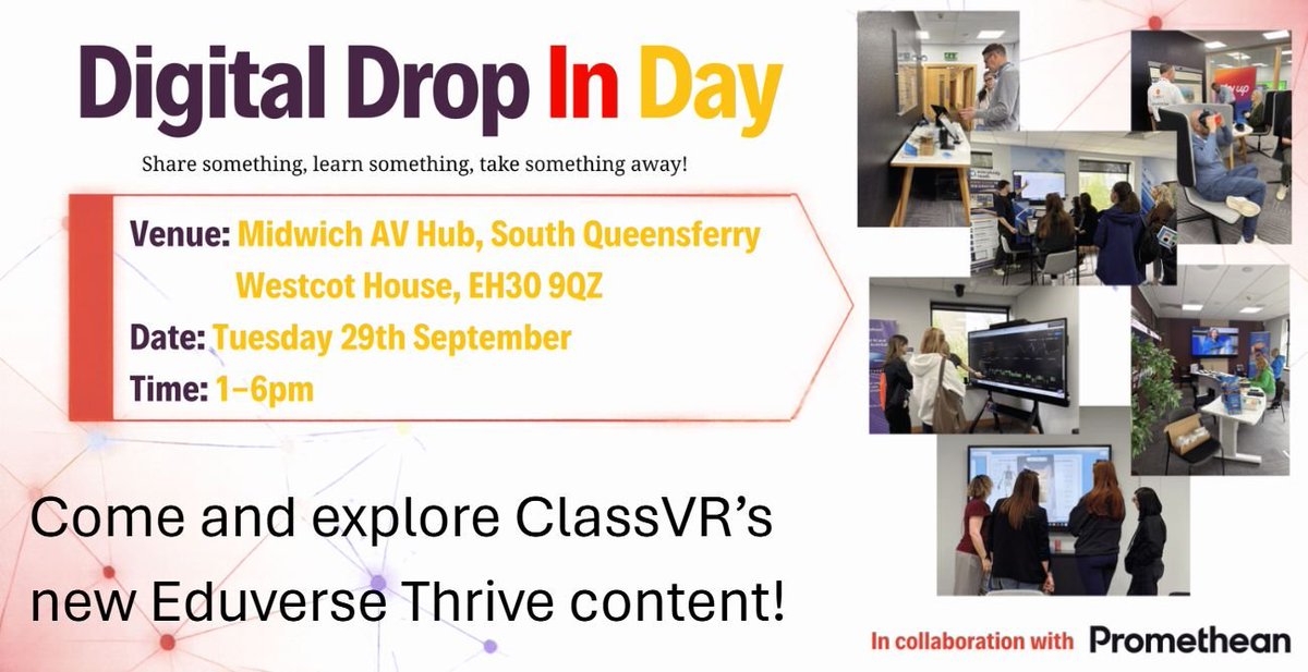 MrLux4DMoore's tweet photo. 🚀 Curious about the future of education?

Join us at the Digital Drop-In Day on 29 September at the @MidwichLtd AV Hub, South Queensferry. I'll be there showcasing how @ClassVR can enhance teaching and learning, and wellbeing.
Drop in, explore, ask questions and get inspired! https://t.co/bcQmR1JSUk