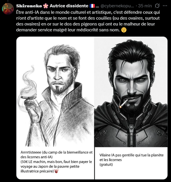 cybernekopunk's tweet photo. @FDMusic21 @brivael Magnifique post par un concerné ! 🫡
L'IA n'effraie que les artistes poubelle qui capitalisent sur les rêves des autres pour se faire un maximum de pèze.
Ma réponse à un anti-IA dans le domaine + un exemple parlant de ce qu'une "artiste" option pigeonnage fait par rapport à Grok. https://t.co/vEXgXKyqEl