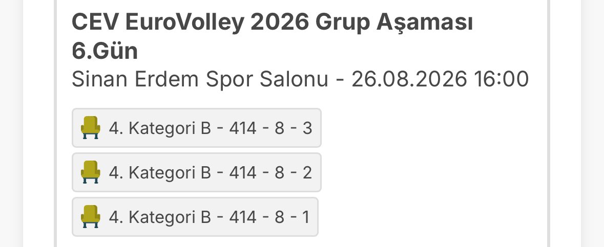 rslclk08's tweet photo. 23 Ağustos Çarşamba CEV EuroVolley 2026  3 kişilik biletim mevcut. İstanbul dışında olacağım için gidemeyecegim. Aynı fiyattan vereceğim. Ilgilenenler iletişime geçebilir 📌 #CEV #EuroVolley #bilet #biletarıyorum #fileninsultanları https://t.co/eihXyC46sI