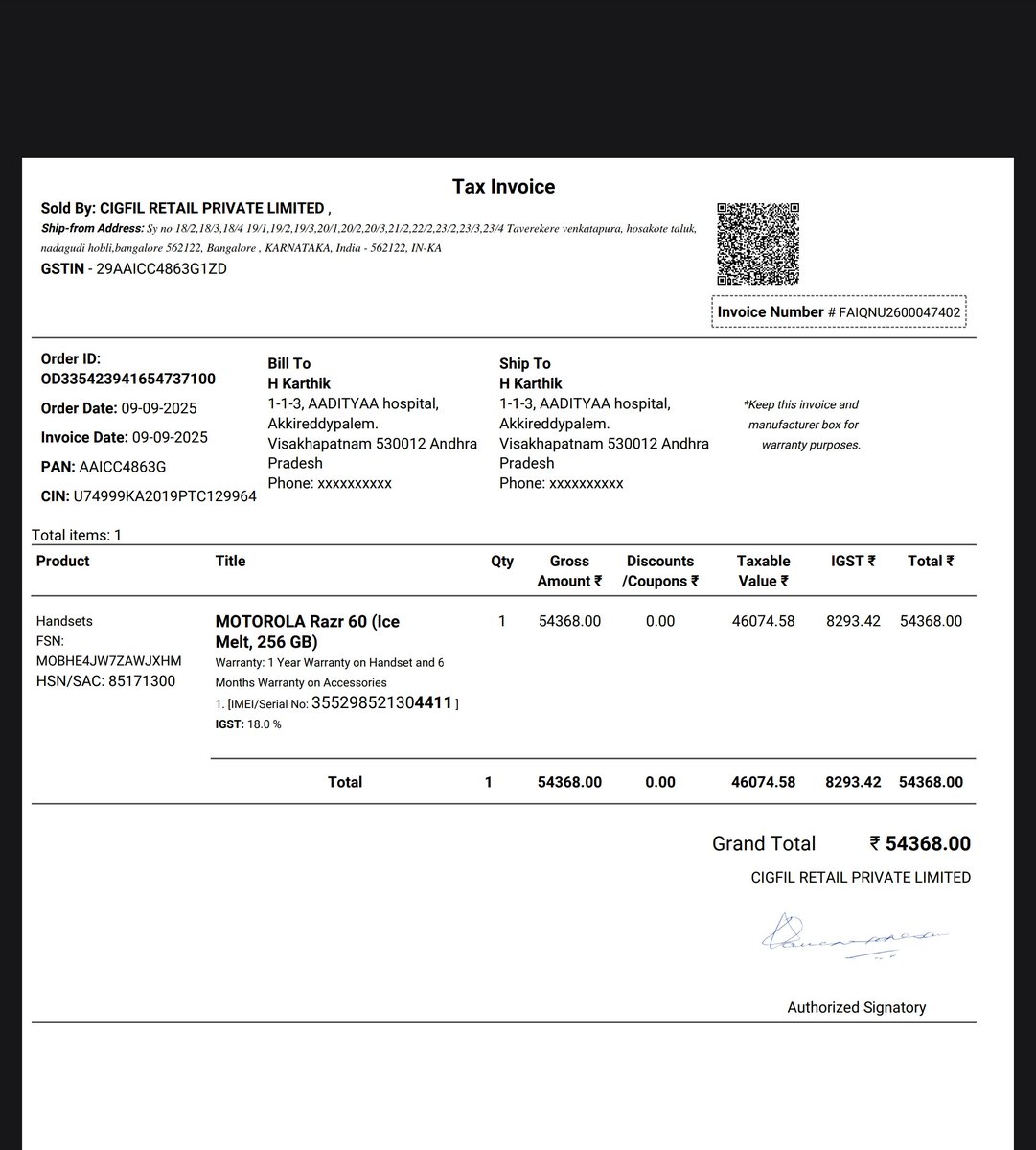 hkarthik0's tweet photo. @motorolaindia I need your urgent help with my #motorazr60 Swarovski Edition.

I purchased it in Sept 2025. In Feb 2026, a tiny dot appeared at the edge of the display. I visited your authorised service centre, SSV Technologies, Gajuwaka, Visakhapatnam. They refused warranty service after noticing a very small dent on the hinge, which they marked as “customer induced damage” after zooming in on it.

The display was still functioning, so I continued using the phone for ~6 months. Yesterday, the screen suddenly became unresponsive and started flashing green/white. Today I visited another authorised centre, Bright Infocom, Visakhapatnam, but they are also refusing warranty repair because the previous centre had already marked the device as damaged.

I request @motorolaindia to please review this case independently. A tiny hinge dent should not automatically be presumed to be the cause of a complete display failure, especially when the phone continued functioning normally for months.

Please arrange an inspection by Motorola and replace the display under warranty if the failure is found unrelated to the minor cosmetic dent.

I chose Motorola expecting premium quality and after-sales support. Please help resolve this fairly.
 
I am uploading the invoice