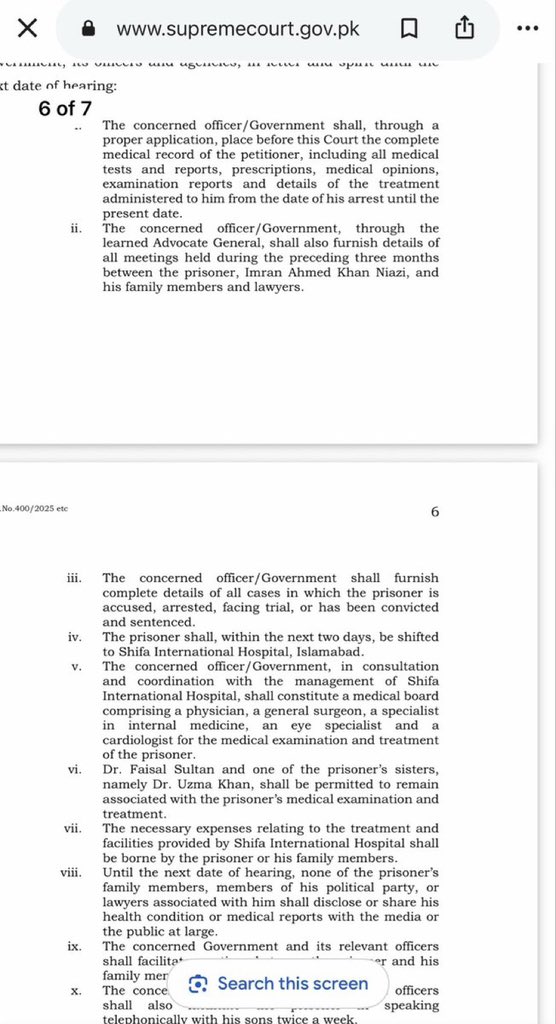 faizannriaz's tweet photo. Supreme Court issues written order:

. Imran Khan will be shifted from Adiala Jail to Shifa International Hospital within two days.

. Dr. Uzma Khan will remain associated with the medical team examining Imran Khan.

. His sisters and family members will be allowed to meet him every week.
