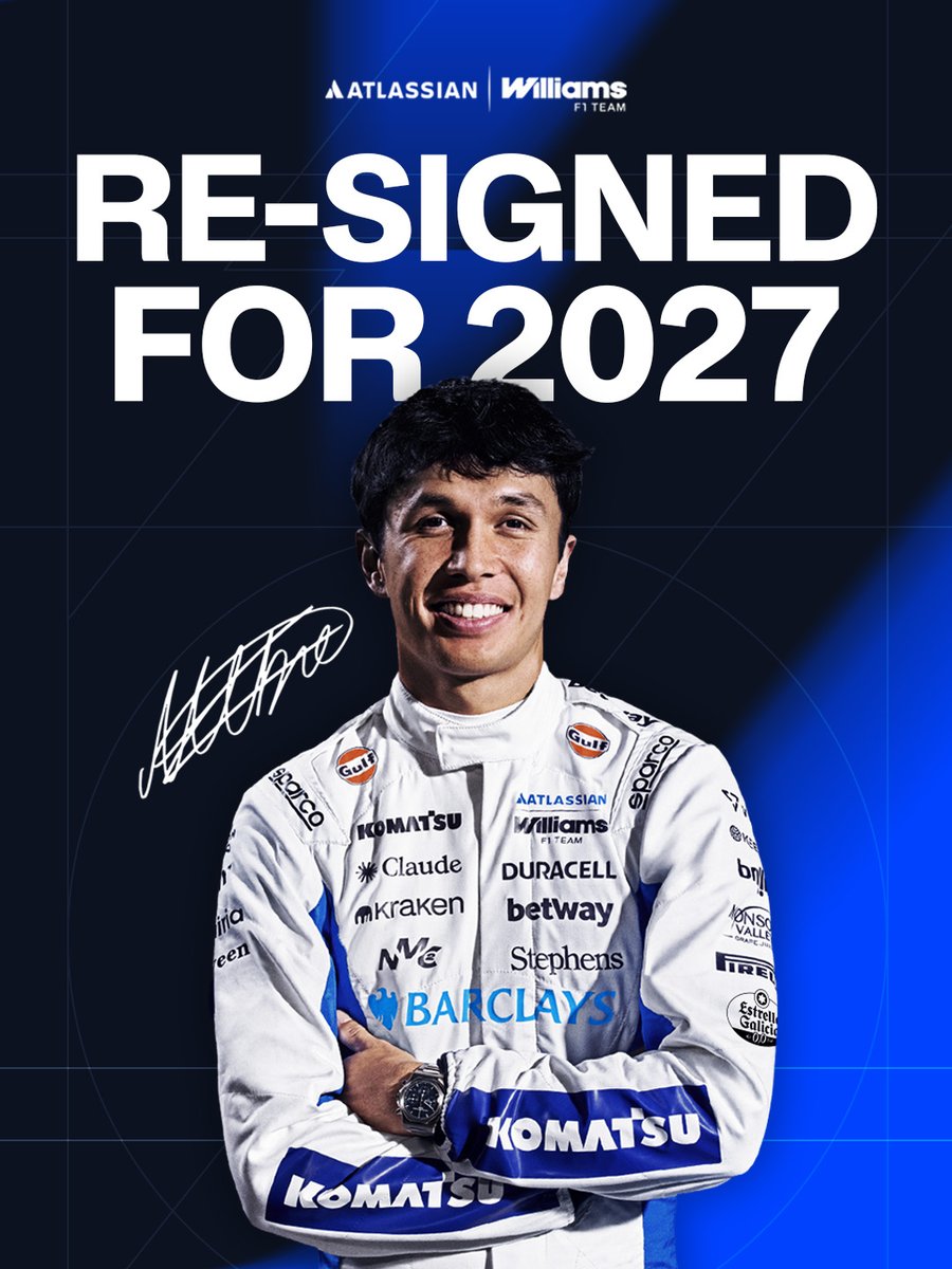 WilliamsF1's tweet photo. Five seasons, over 100 race starts - and many more to come 🙌 

Today we’re confirming that Alex Albon will continue racing with us in 2027, extending his long-term commitment to the team. Tap here to find out more: https://t.co/BasROB67p7 https://t.co/1YkxrIeqgO