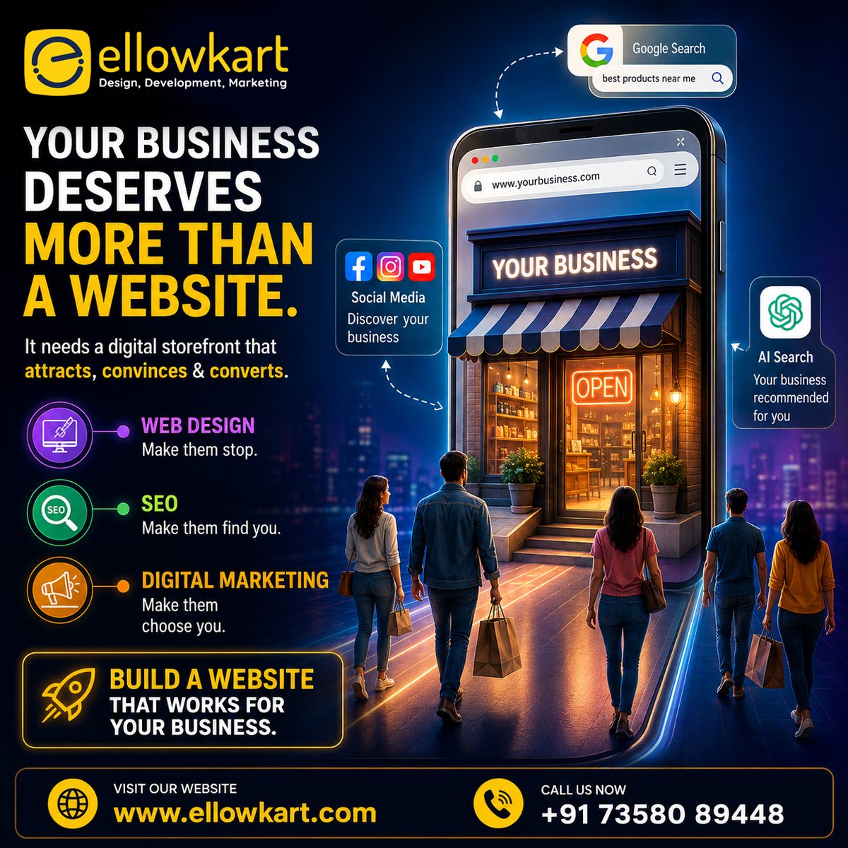 ellowkart's tweet photo. Your business deserves more than a website.

Web Design - Make them stop.
SEO - Make them find you.
Digital Marketing - Make them choose you.

https://t.co/HbrU6VMbl9
+91 73508 89448

https://t.co/fL6qnASYhR

#Ellowkart #WebDesign #WebsiteDesign #WebDevelopment #SEO https://t.co/USsTlDnEDv