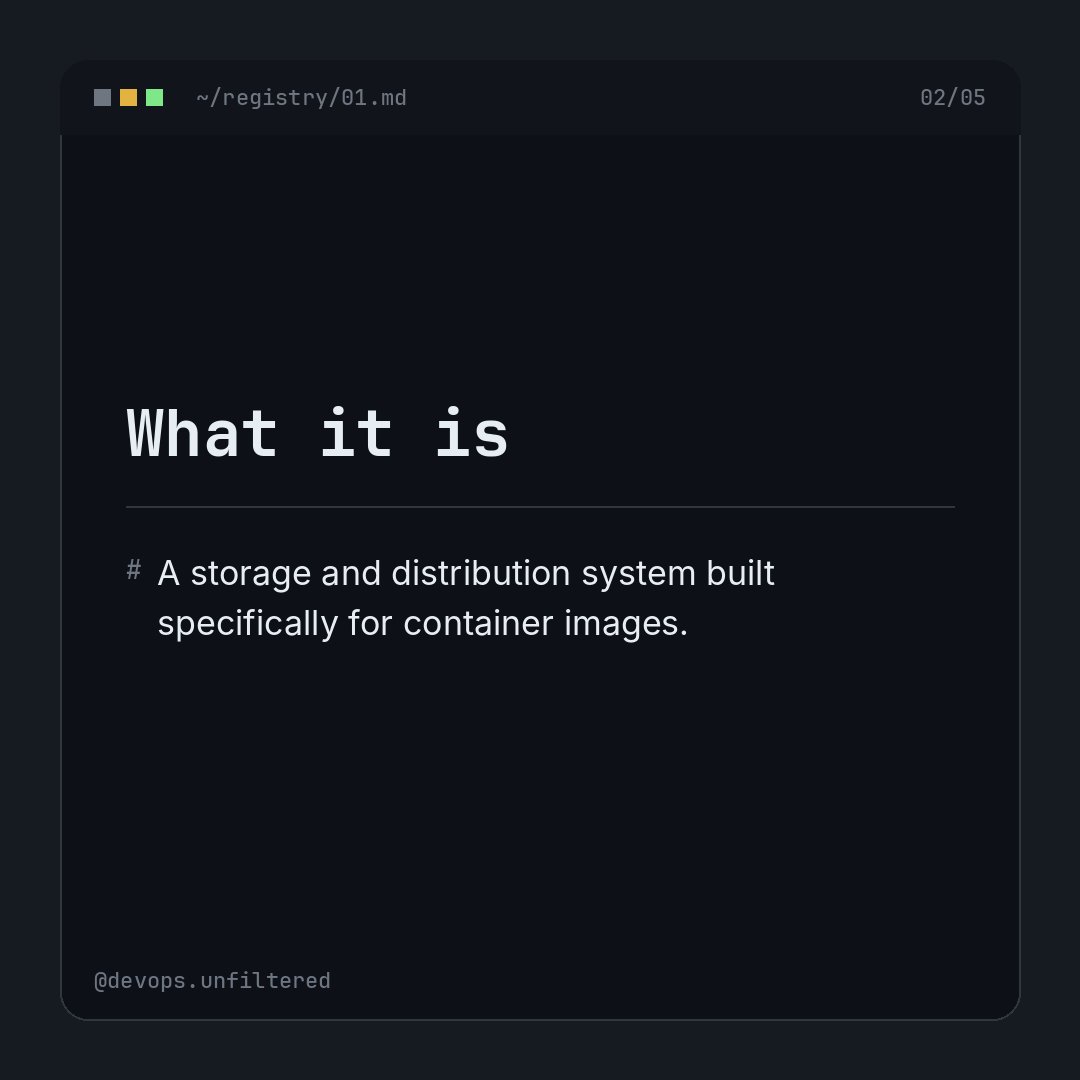 devopsunfilter's tweet photo. What a container registry actually is ? 🤔 

A storage and distribution system for container images — build once, pull anywhere. 

Docker Hub 🐳, GitHub Container Registry , JFrog Artifactory 🐸 and AWS ECR are the ones you'll use most.

#docker #devops #devopsforbeginners https://t.co/V7baWxVdES