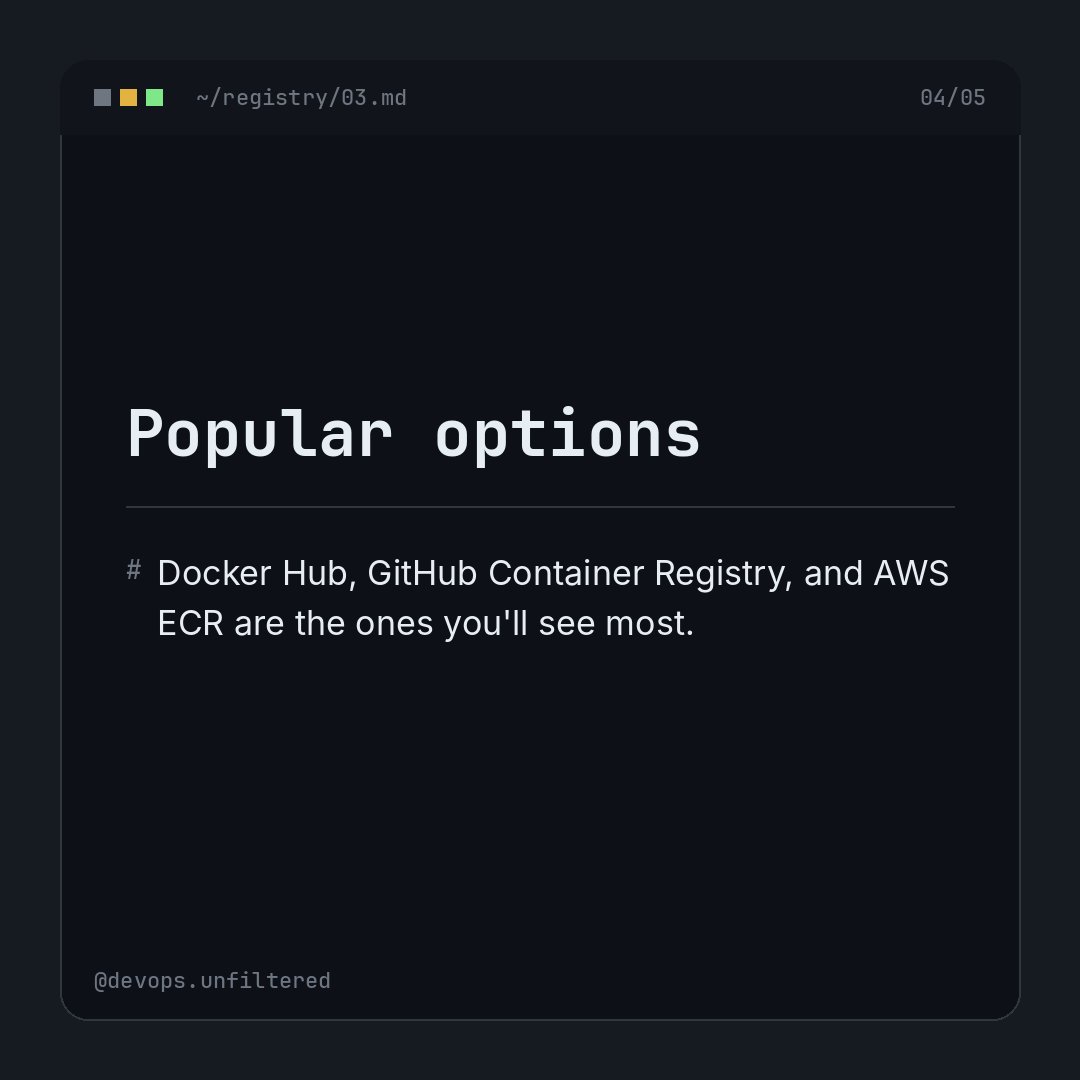 devopsunfilter's tweet photo. What a container registry actually is ? 🤔 

A storage and distribution system for container images — build once, pull anywhere. 

Docker Hub 🐳, GitHub Container Registry , JFrog Artifactory 🐸 and AWS ECR are the ones you'll use most.

#docker #devops #devopsforbeginners https://t.co/V7baWxVdES
