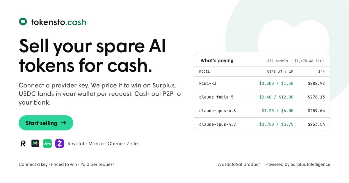 andrewwilkinson's tweet photo. Introducing https://t.co/smKFKjks3W, a @usdctofiat product ✨

The simplest way to sell your spare AI tokens and cash out P2P to the apps you already use.

Paste a provider key (OpenRouter, Venice, any OpenAI-compatible URL). We list it, keep it priced to win, and every request pays USDC straight to your wallet.

→ @AskSurplus powers the market, your key is probed, listed and paid per request
→ @usdctofiat auto-prices every listing to the top of the book, never below your floor
→ @peerxyz powers the cash-out — Revolut, Monzo, Chime, Zelle at the live rate, no spread
We never hold your key or your money. Spare credits in, cash out

Get started: https://t.co/smKFKjks3W