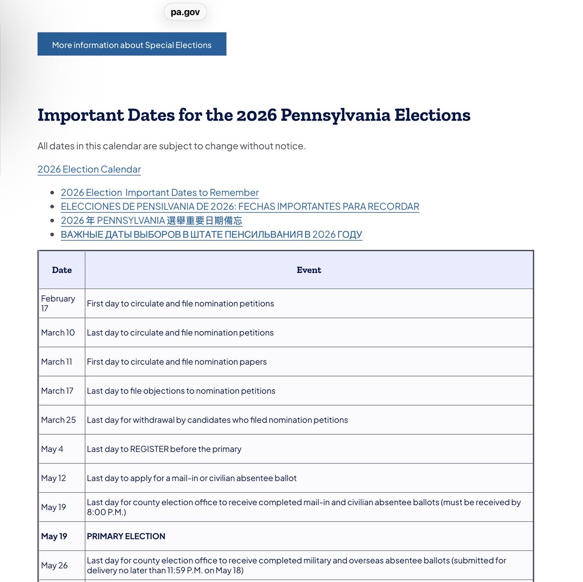 WWIIComete's tweet photo. @ScottPresler @erinkoper Why does PA have foreign languages on PA Election Calendar webpage?? 
@ScottPresler @TrueTheVote @SenMikeLee @DaveMcCormickPA @SenFettermanPA @ICEgovERO @AAGDhillon @nicksortor @catturd2 @JamesOKeefeIII @camhigby @GregoryKBovino @StephenM @EpochTimes @seanhannity @IngrahamAngle https://t.co/Y9VGwuo8Gs