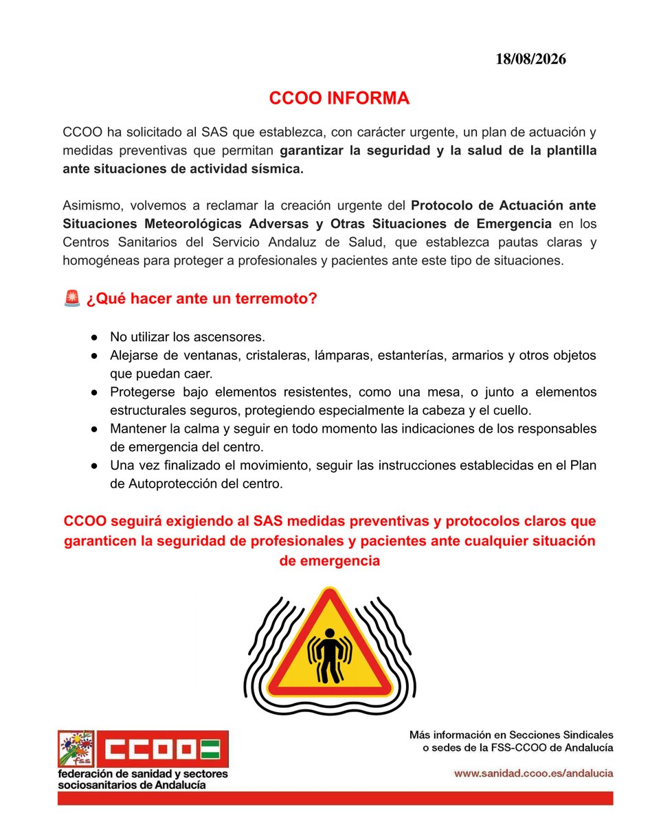 fssccooand's tweet photo. 🚨 Hemos solicitado al SAS un plan de actuación y medidas preventivas ante situaciones de actividad sísmica

‼ Es imprescindible garantizar la seguridad y la salud de plantilla y pacientes ante estas situaciones

#CCOOTuSolución #Granada 

https://t.co/dFBYlti74A https://t.co/KtKzPkSn6L