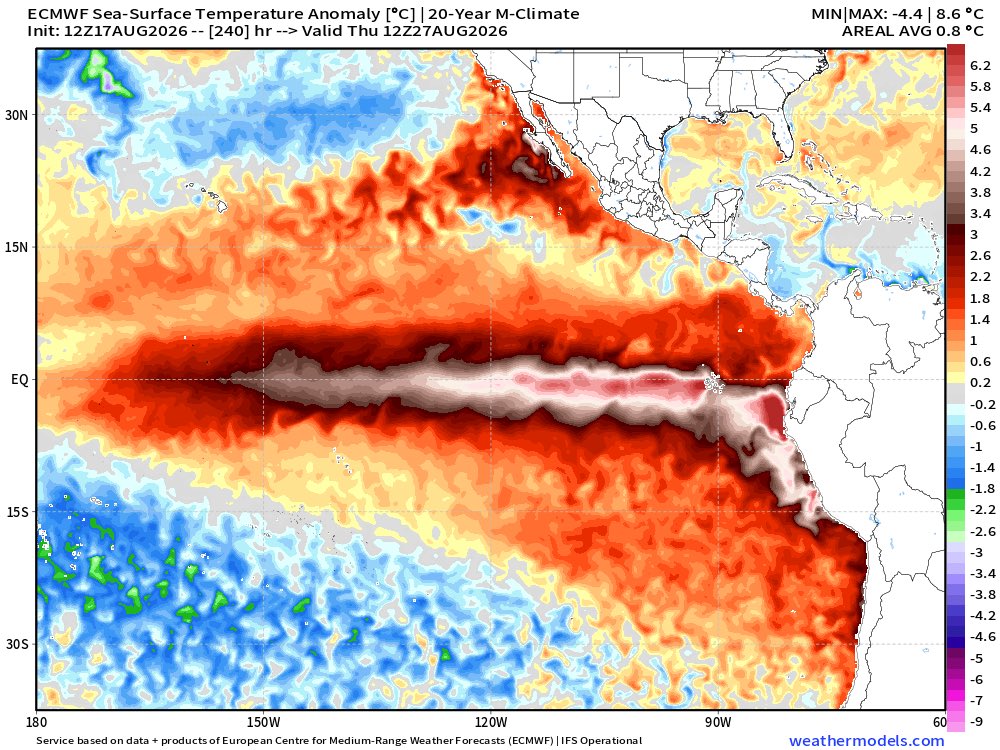 Weatherunited1's tweet photo. My goodness, latest ECMWF in about 10 days thinks this El Niño will continue to rapidly intensify with some anomalies in the Niño 3 region exceeding 6°C with the Nino 1+2 region with some anomaly’s exceeding eight to perhaps 9°C. https://t.co/vGJc37BmTo